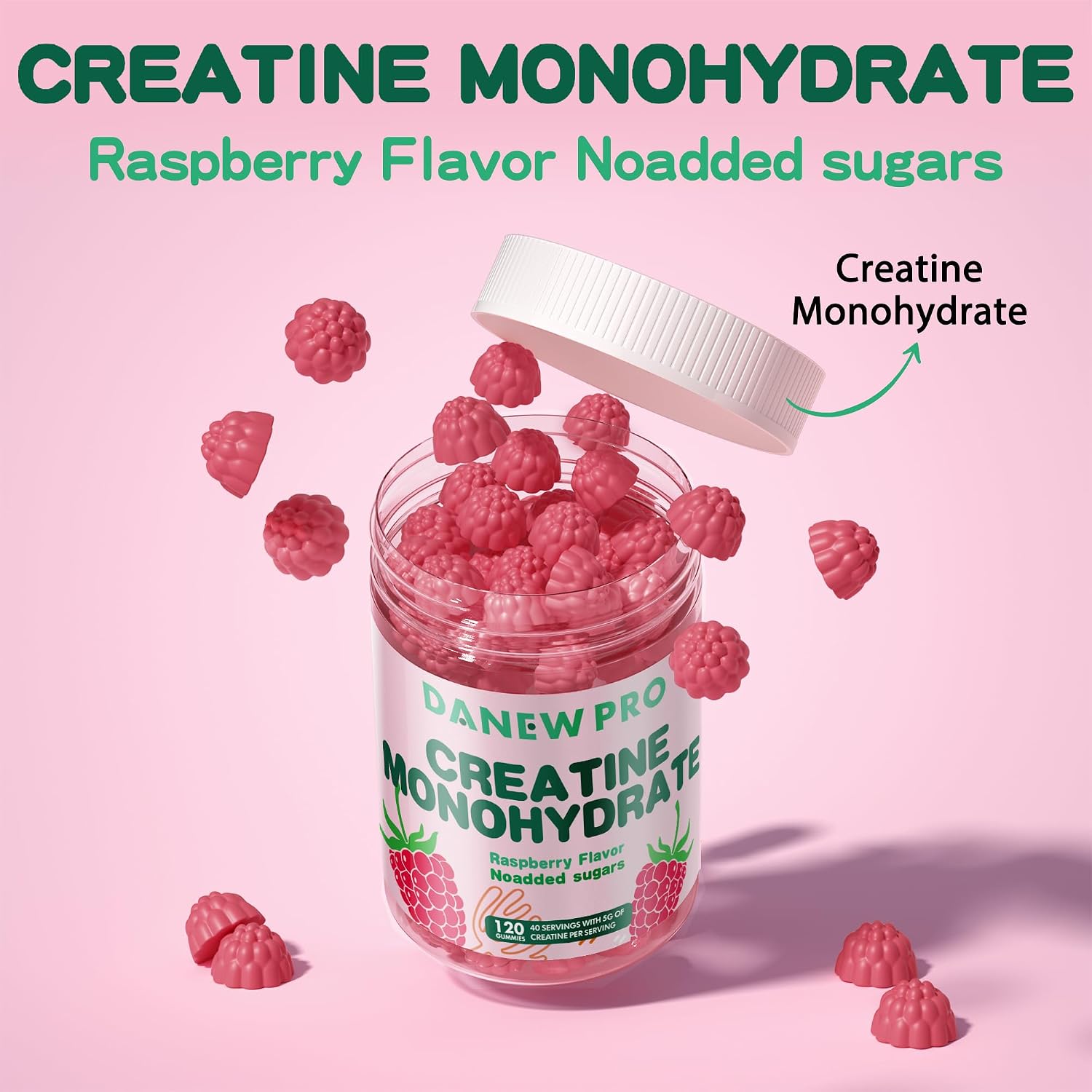 NSF Certified Creatine Gummy 5g - Creatine Monohydrate Gummies for Men & Women, Creatine Monohydrate for Muscle Strength, Muscle Builder, Energy Boost, Pre-Workout Supplement(120 Count)-Raspberry