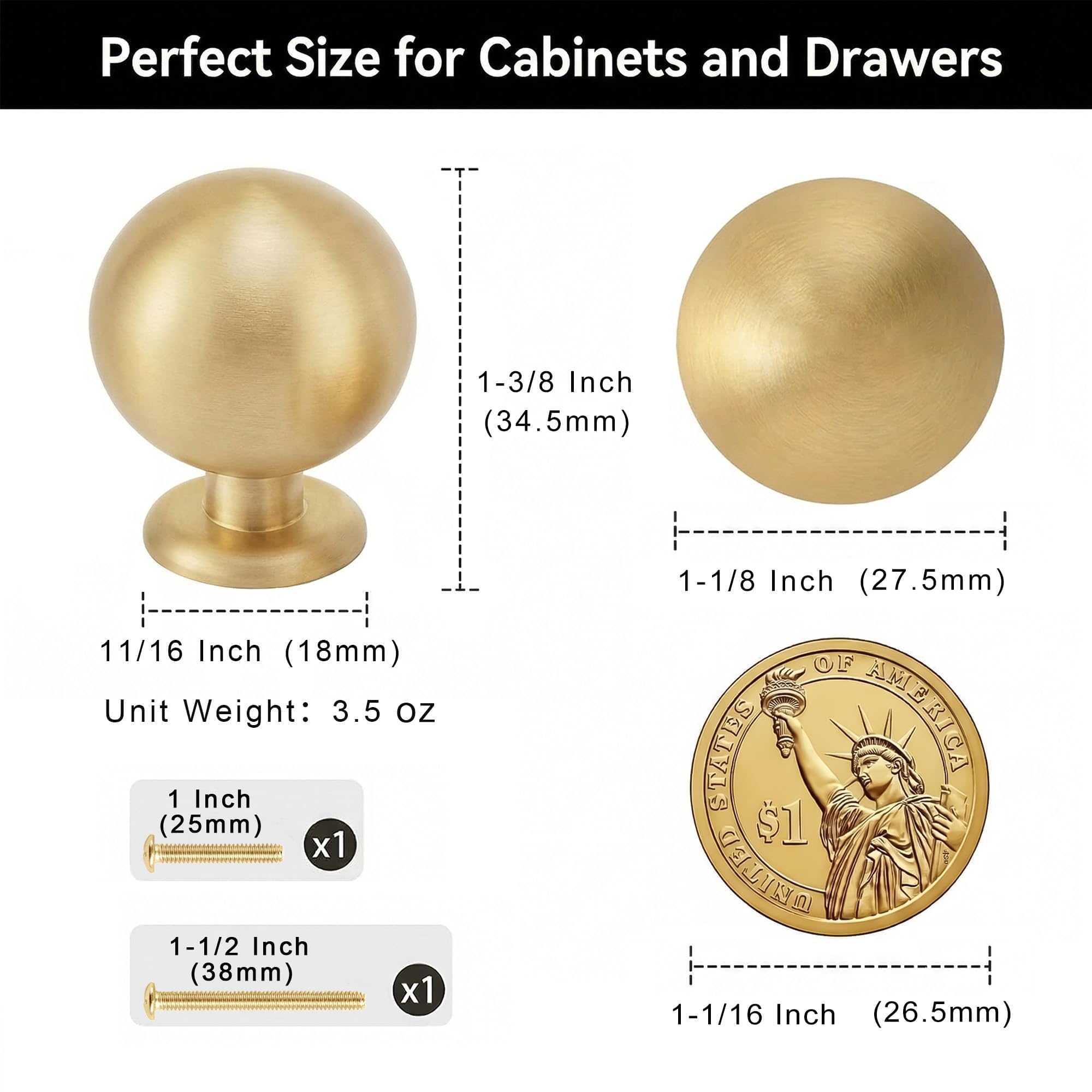 QOGRISUN 10-Pack Small Solid Brass Cabinet Knobs, Round Ball Gold Knobs for Dresser Drawer, 0.9-Inch Diameter, Mini Sphere Cabinet Pulls, Brushed Brass Finish