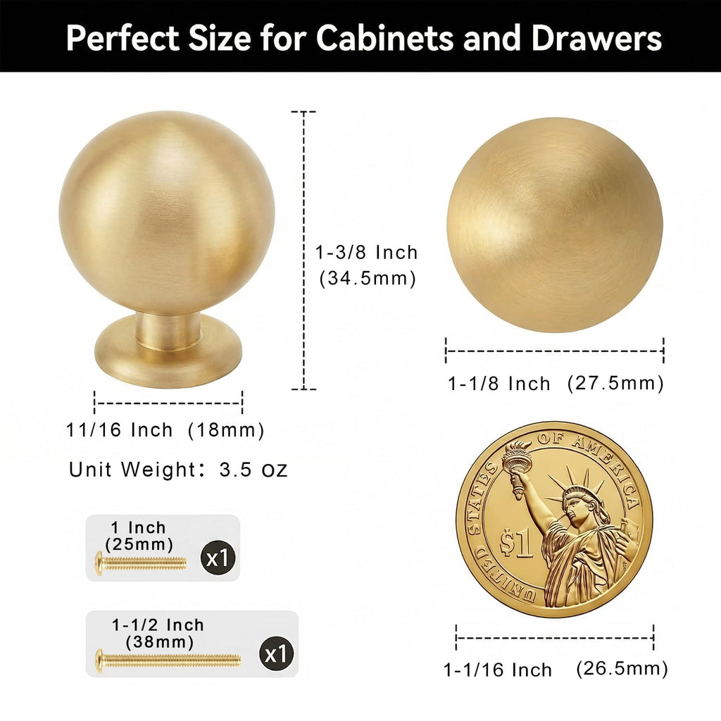 QOGRISUN 10-Pack Small Solid Brass Cabinet Knobs, Round Ball Gold Knobs for Dresser Drawer, 0.9-Inch Diameter, Mini Sphere Cabinet Pulls, Brushed Brass Finish
