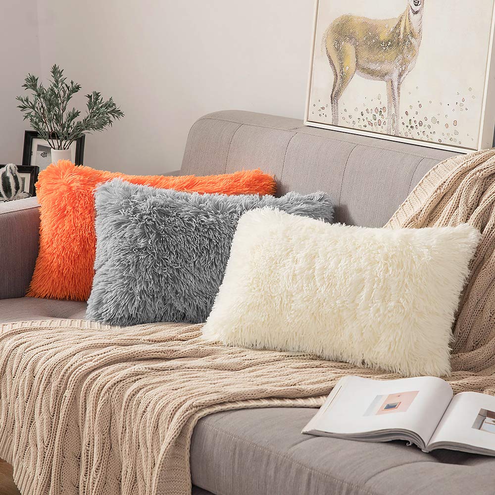ANRODUO Pack of 2 Baby Pink Throw Pillow Covers Luxury Fluffy Pillows Faux Fur Decorative Pillows Plush Cushion Case Fuzzy Mongolian Merin Style for Bed Couch Sofa Living Room Summer Decor 16x16 Inch