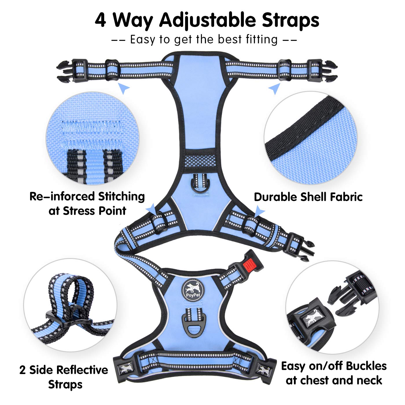 PoyPet Dog Harness No Pull, Reflective Vest Harness with Front & Back 2 Clips and Easy Control Handle for Small Medium Large Dog (XS, Black)