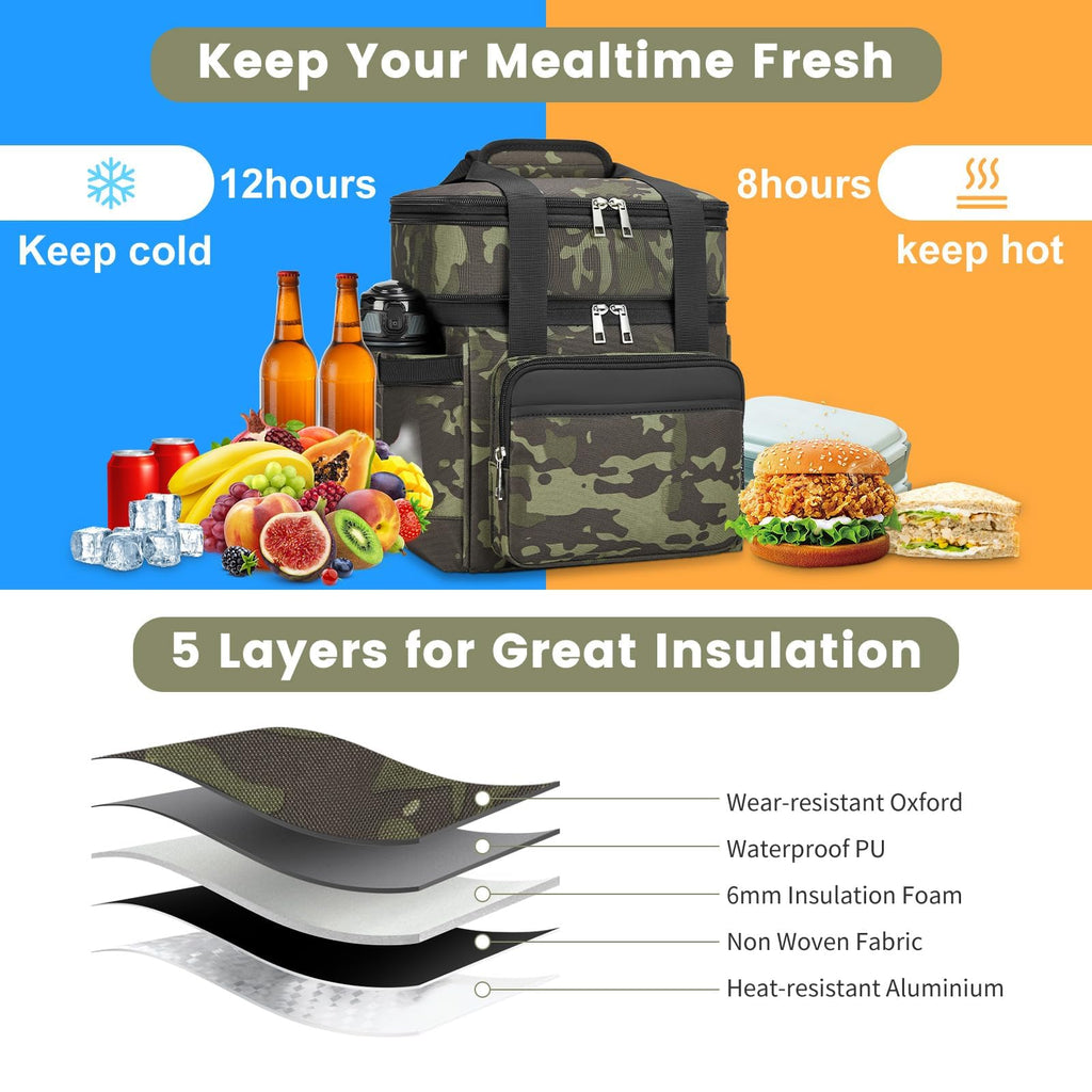 holuxer Insulated Lunch Bag & Lunch Box for Men - Double Deck Reusable Lunch Bag for Women Tote Cooler Bag Leakproof Soft Expandable - Large Lunchbox for Work/Adult/Picnic/Outdoor (Black，15L)