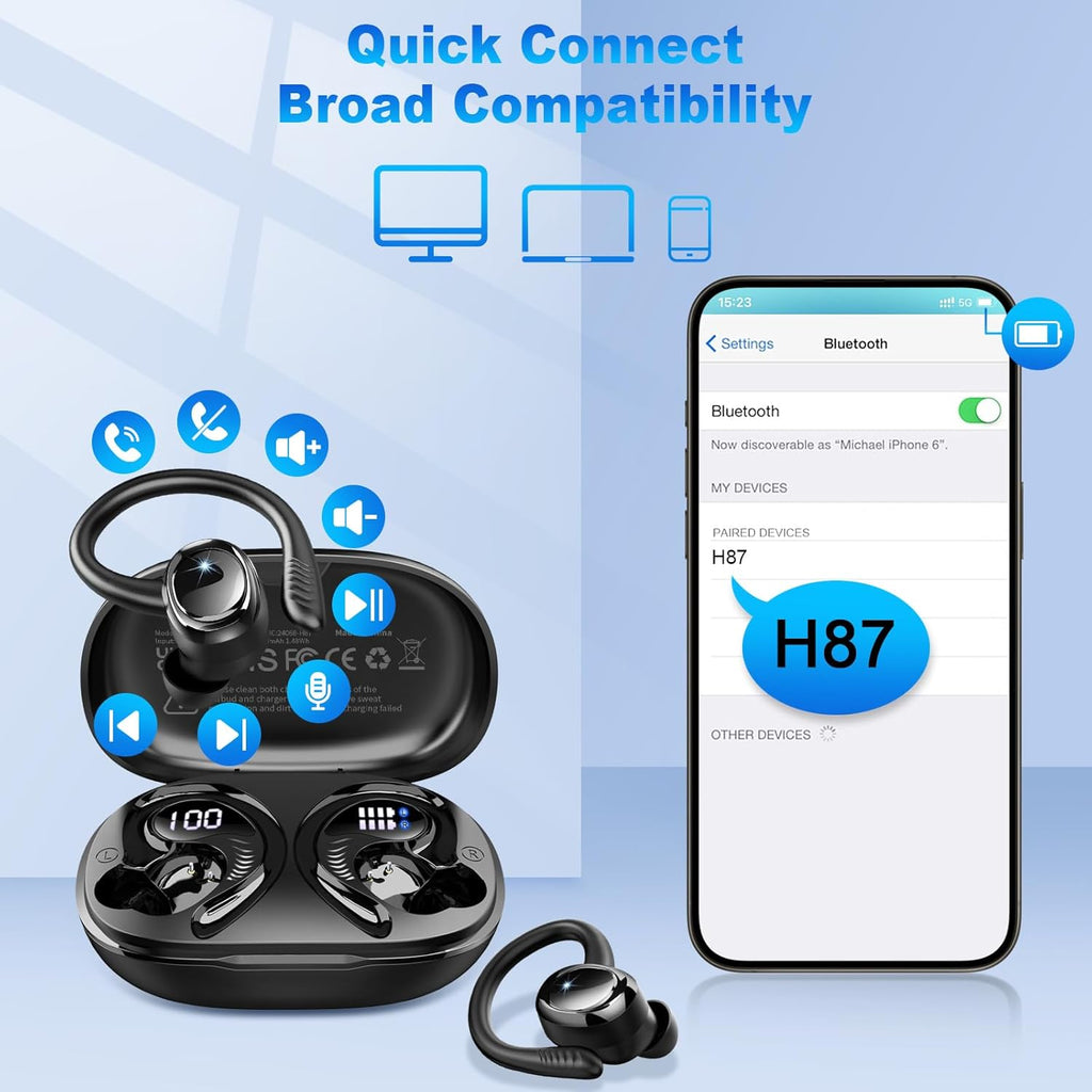 Hupoaf Wireless Earbuds Sport, 2025 Bluetooth 5.4 Headphones with Earhooks, 50H Stereo Deep Bass Over Ear Buds with 4 ENC Mics, IP7 Waterproof Earphones for Running Workout Gym (Android/iOS)