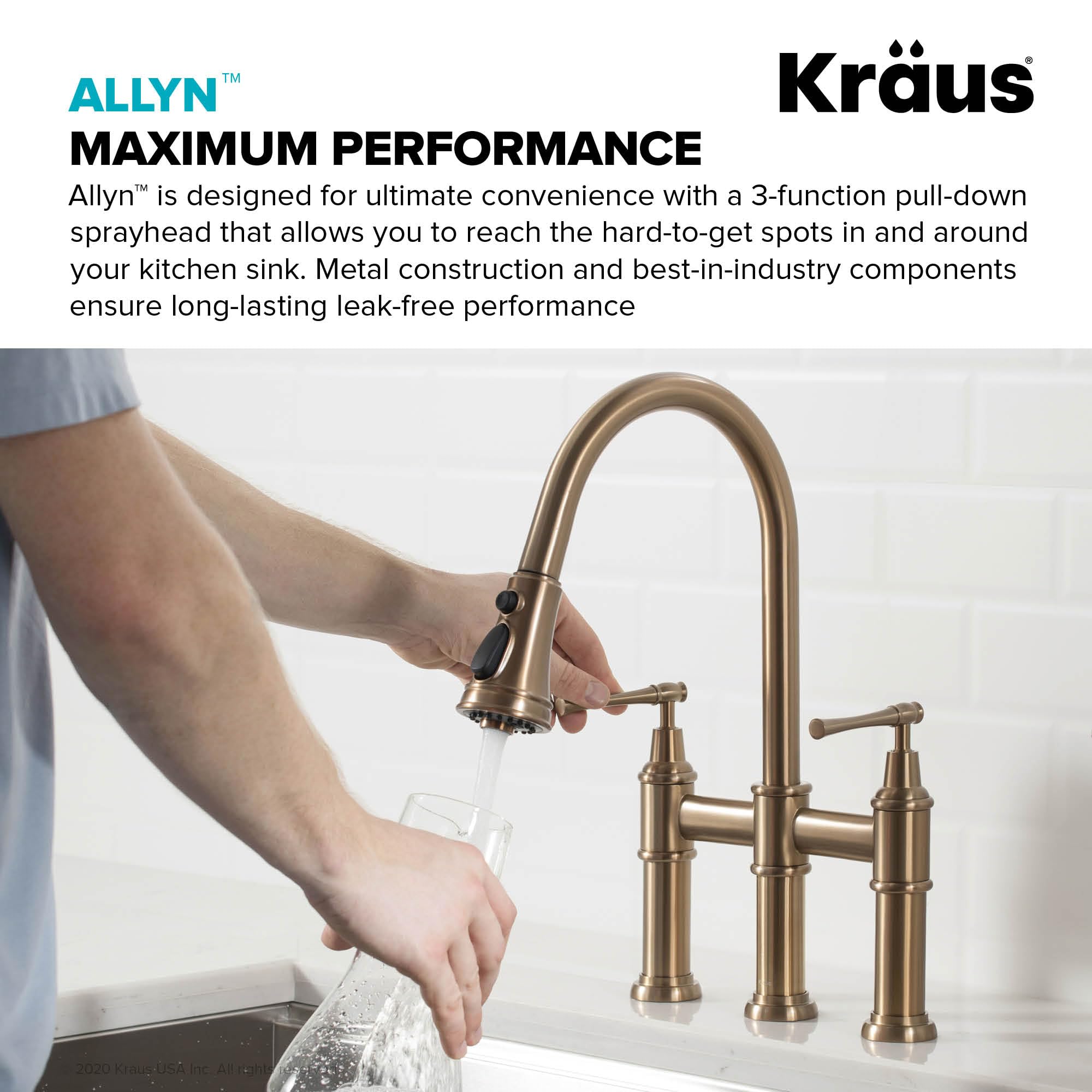 KRAUS Allyn Transitional Bridge Kitchen Faucet with Pull-Down Sprayhead in Brushed Gold, KPF-3121BG