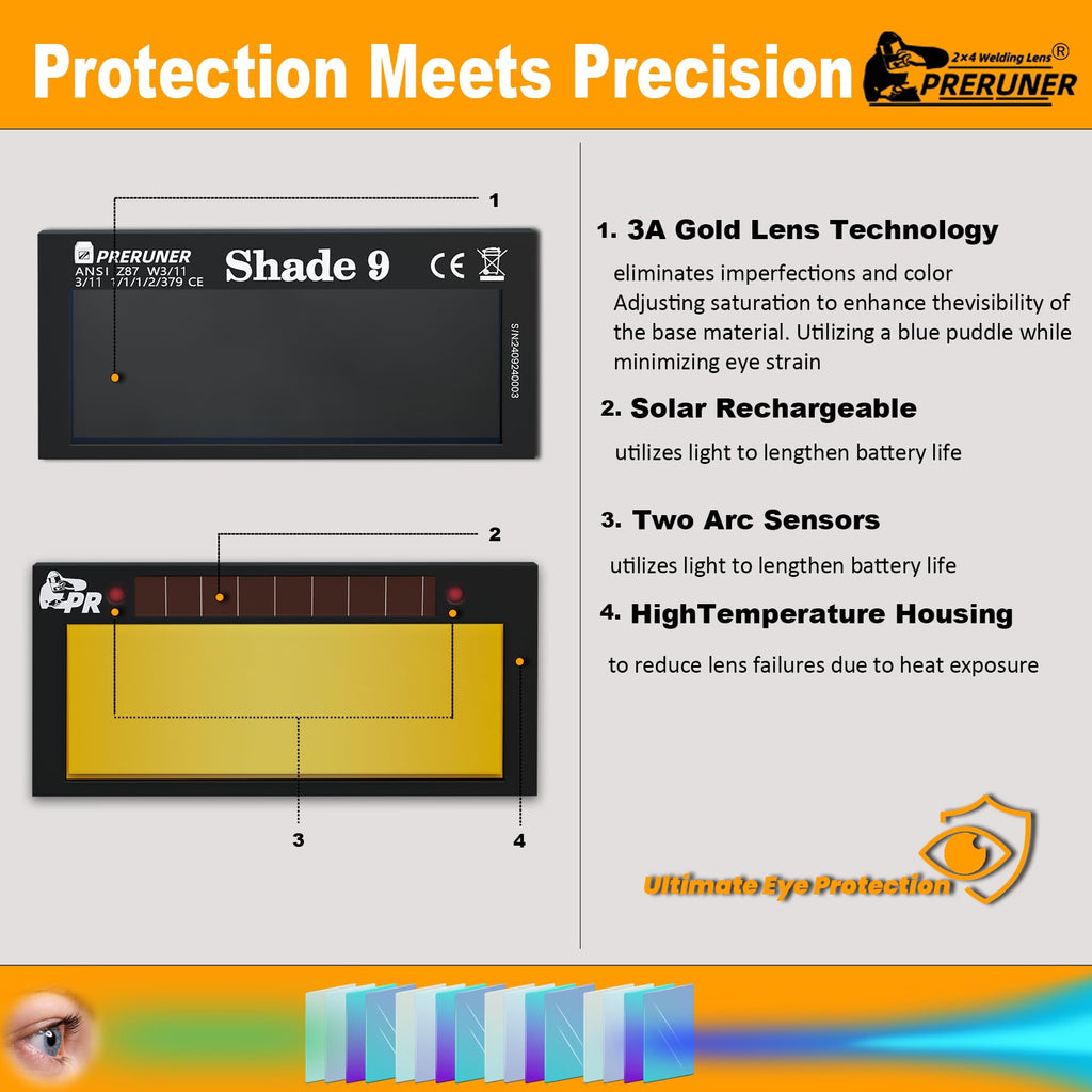 Core Series Gold Shade 9 Auto Darkening Welding Lens 2" x 4 1/4", Slim 0.2" Welding Lens with Cool Blue Puddle View for Pancake & Sugar Scoop Welding Hoods