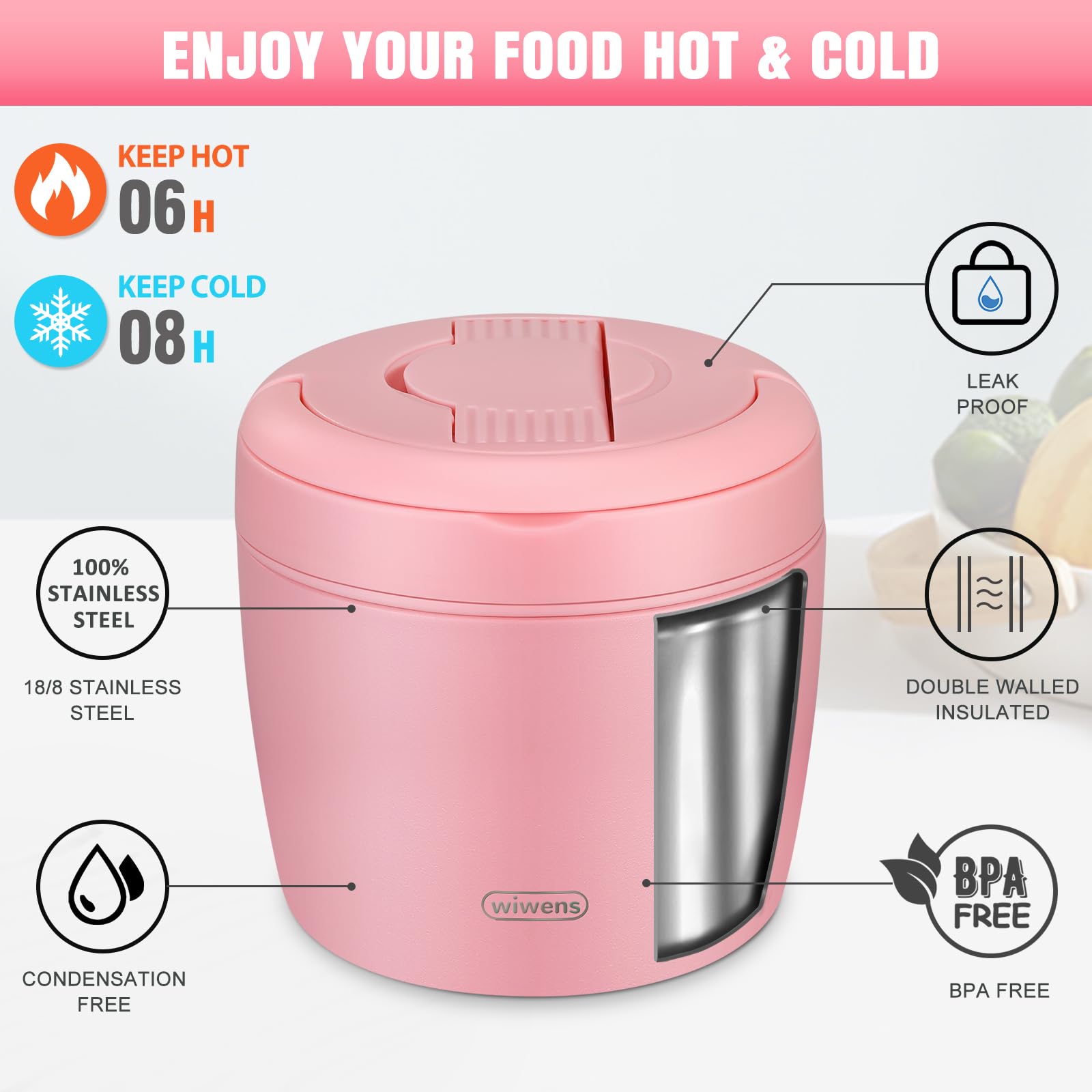 wiwens Thermo Food Jar for Hot Food Adults 32OZ Soup Thermo Lunch Containers Wide Mouth Vacuum Insulated Stainless Steel Leakproof Bento Box with Spoon (Beige)