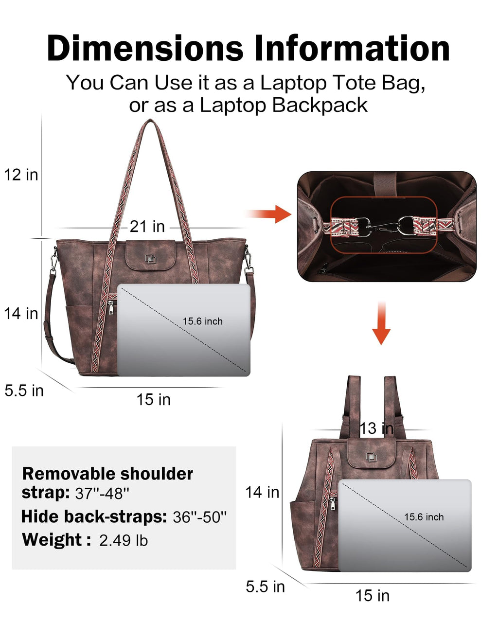 FADEON Large Laptop Tote Bag for Women Designer Leather Laptop Bag Fashion Travel Backpack Purse Shoulder Handbag