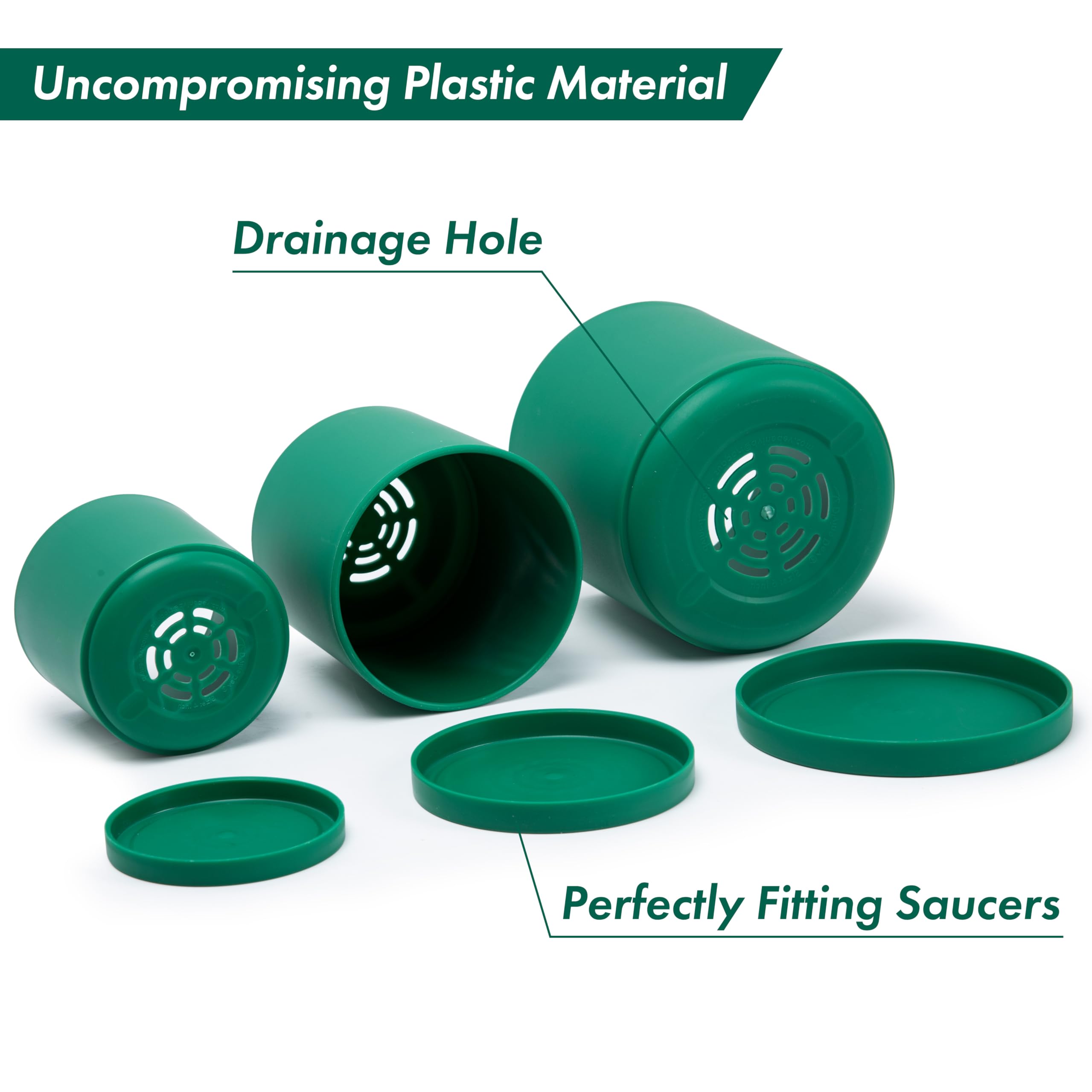 D'vine Dev 6.5 Inch 8 Inch 10 Inch, Set of 3 Plastic Planter Pots for Plants with Drainage Hole and Seamless Saucers, Black Color, Large, 74-V-B-4