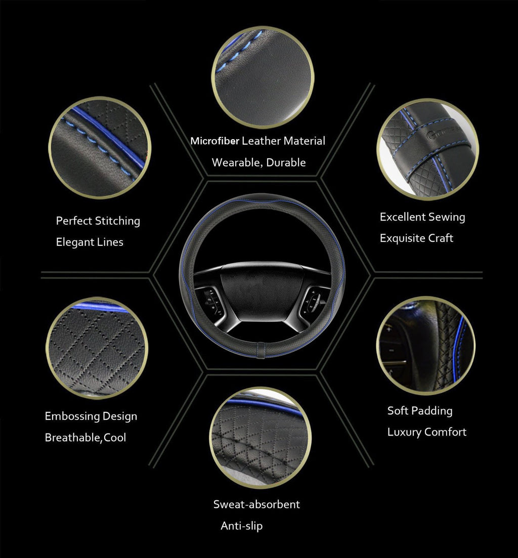 Car Steering Wheel Cover, Anti-Slip, Safety, Soft, Breathable, Heavy Duty, Thick, Full Surround, Sports Style (Black)