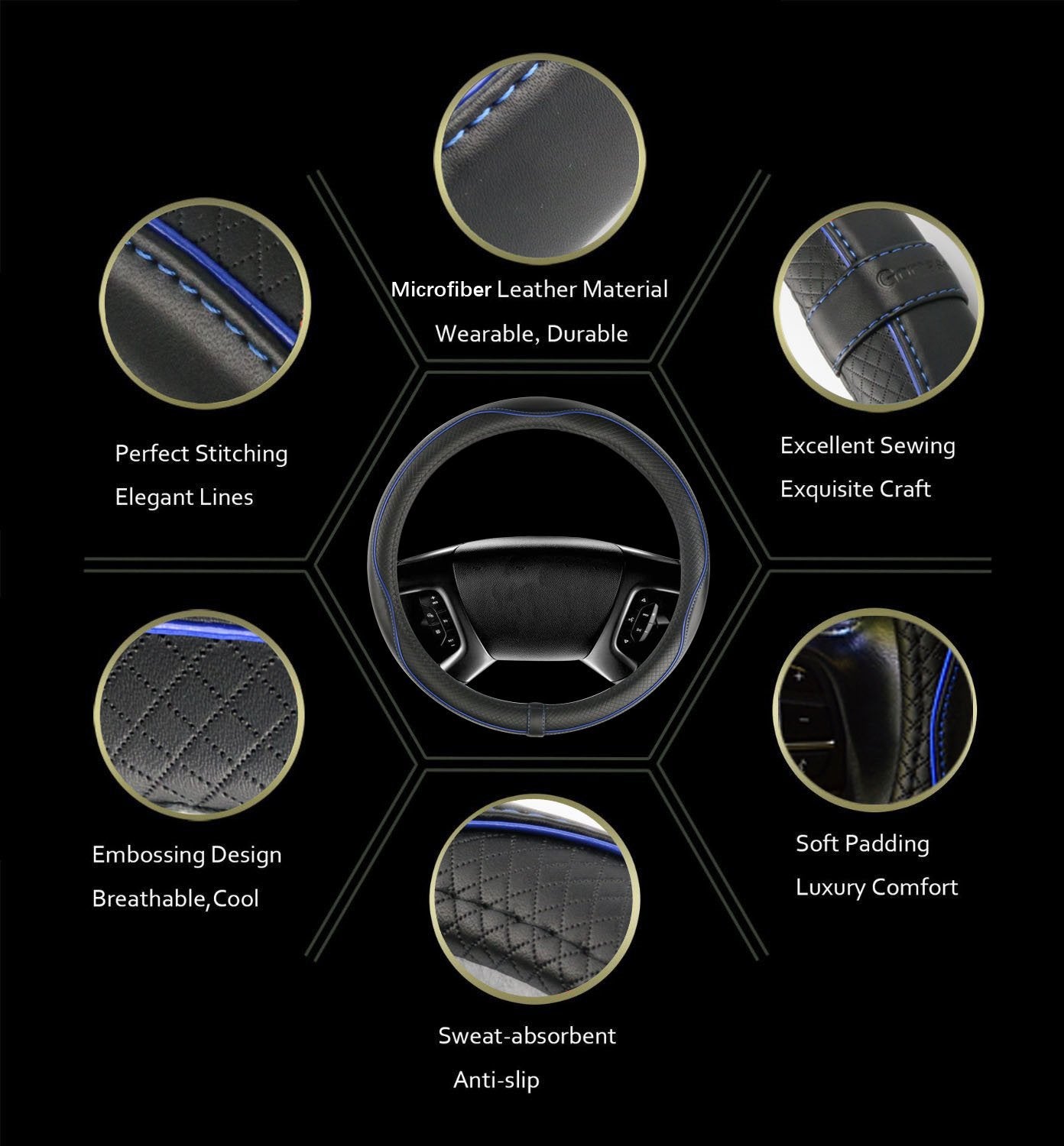 Car Steering Wheel Cover, Anti-Slip, Safety, Soft, Breathable, Heavy Duty, Thick, Full Surround, Sports Style (Black)