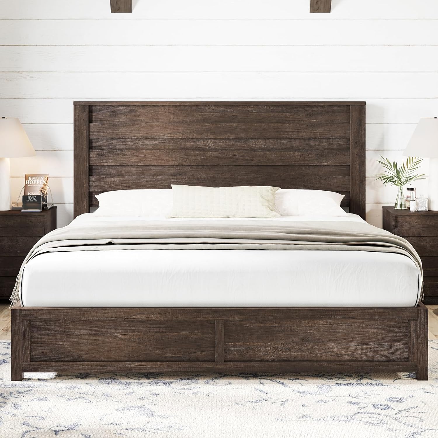 AMERLIFE Farmhouse Full Size Bed Frame with 49" Fluted Headboard, Wood Platform Bed with Natural Grain, No Box Spring Needed/Noise Free, Black