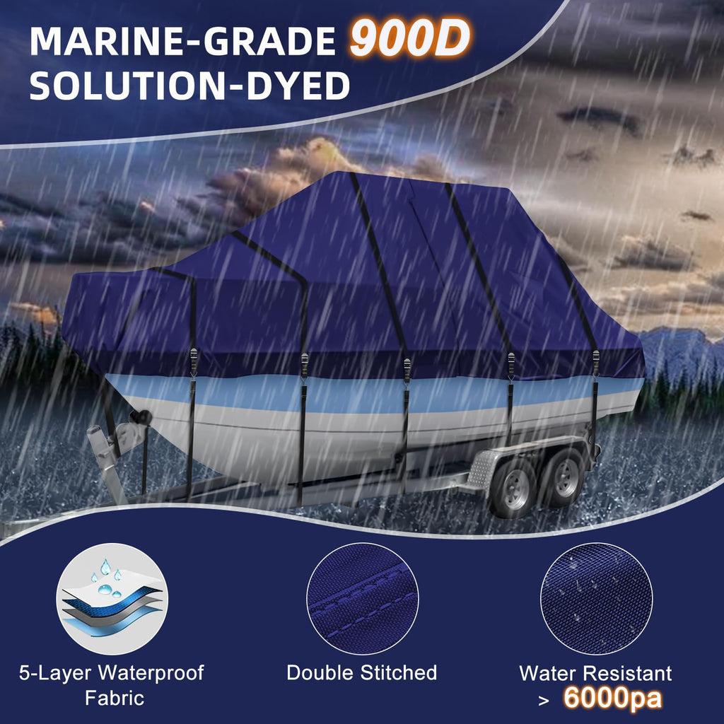 900D T Top Boat Cover -Heavy Duty Waterproof Trailerable Center Console Boat Cover fits for Beam Width Up to 102", Gray