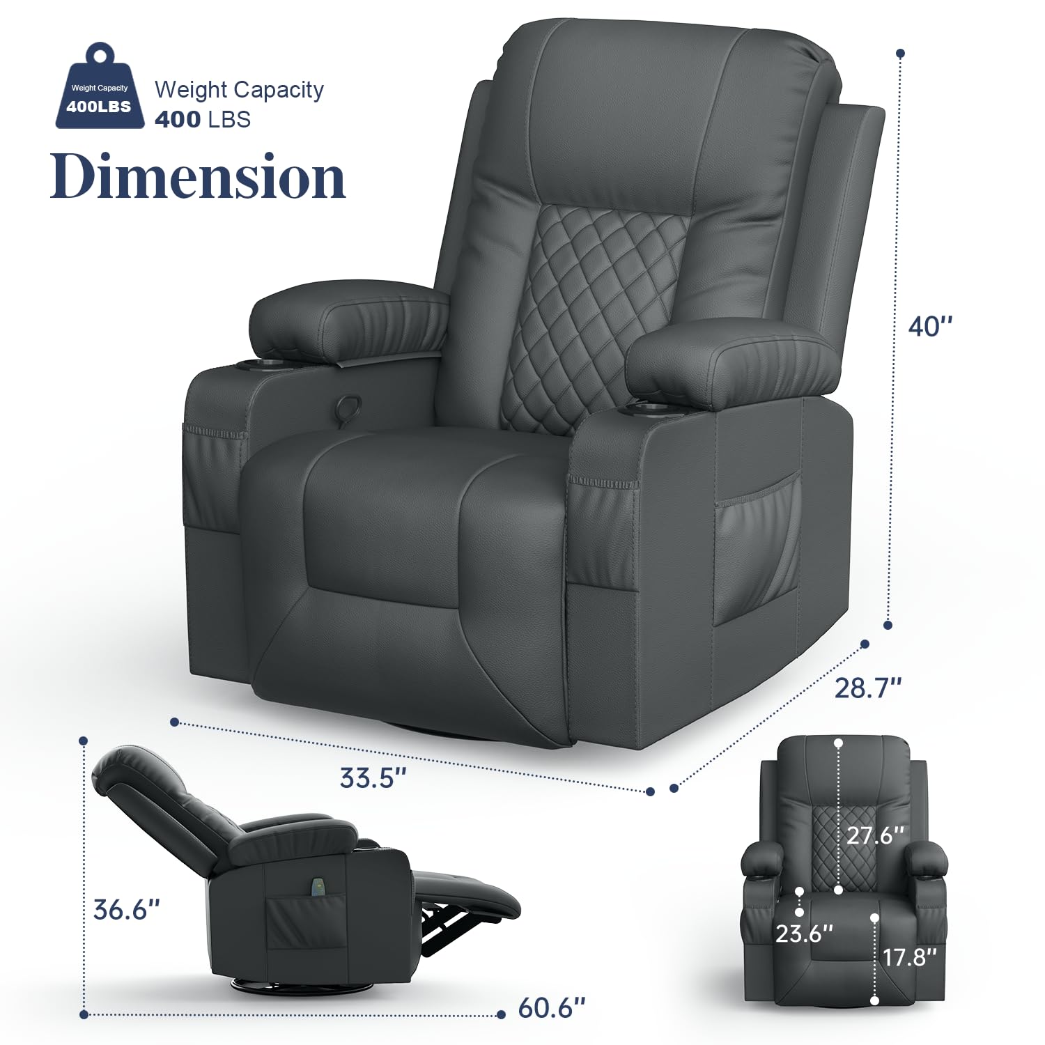 Recliner Chairs for Adults, FSC Certified Massage Reclining Chair with Heated Modern, Ergonomic Lounge Single Reclining Sofa Seat with Cup Holder & Pocket, Living Room Lounge Recliners Black