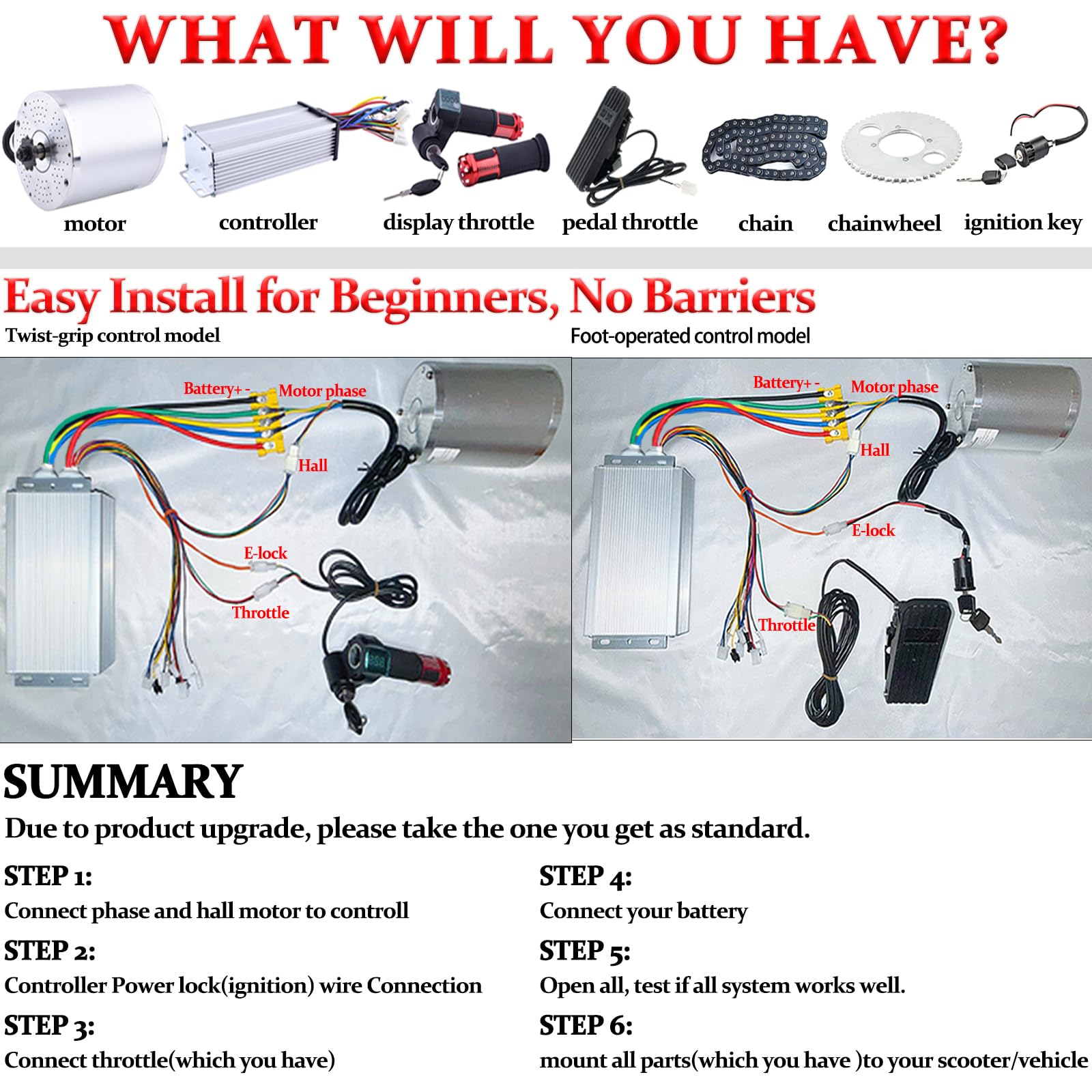 36V Motor Kit 1000W Electric Brushless DC Motor Kit 5.7N.M Go Kart Electric Motor 3100RPM Electric Dirt Bike Motor No Bracket BLDC Motor for Electric Scooter Ebike Controller Ebike Throttle with Key