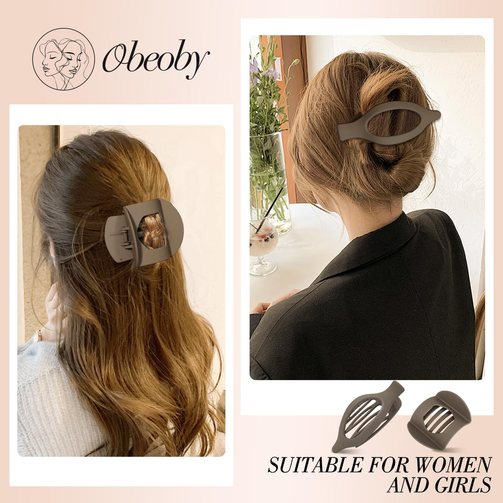 Obeoby 8 Pcs Flat Claw Clips for Women, Strong Hold French Flat Hair Clips for Thick Thin Hair Barrettes Accessories Round Large Medium (Tortoiseshell)