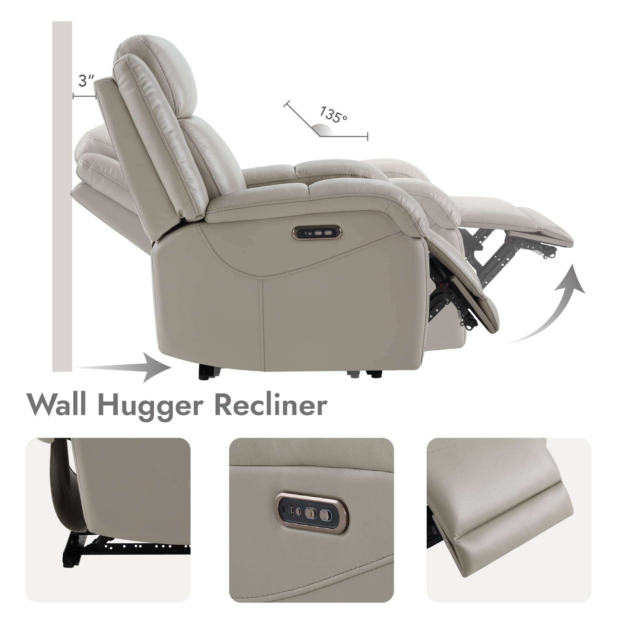 Watson & Whitely Genuine Leather Power Recliner Chairs for Adults, Wall Hugger RV Recliner with Power Headrest & Charging Ports, Electric Recliner Sofa Chair for Living Room, Black