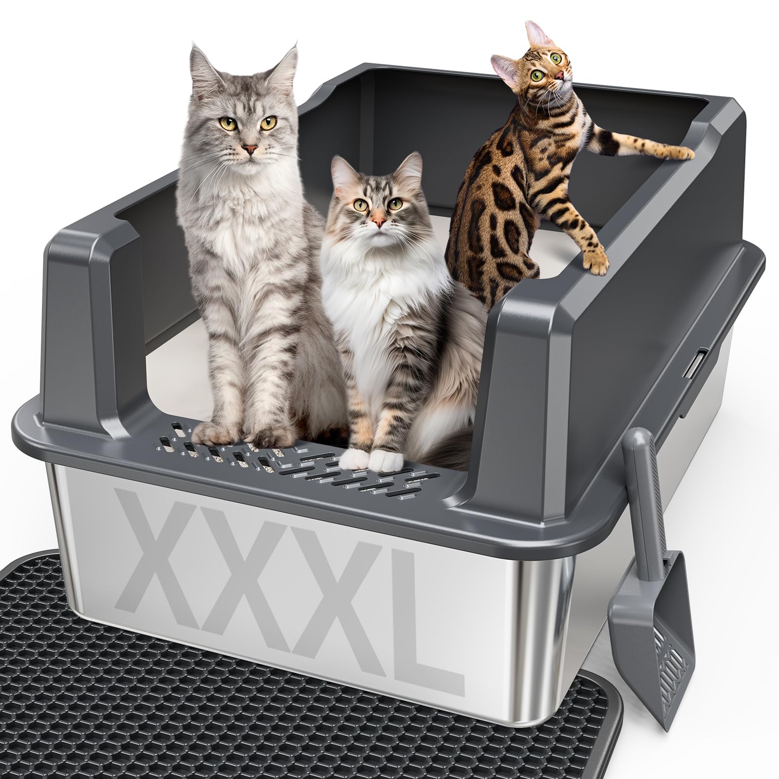 Extra Large XXL Stainless Steel Cat Litter Box with Lid, 26" L x 18" W x 12" H Metal Litter Box with Hight Sides for Big Cats & Multiple Cats, Never Absorbs Odors, Anti-Urine Leakage, Easy Cleaning
