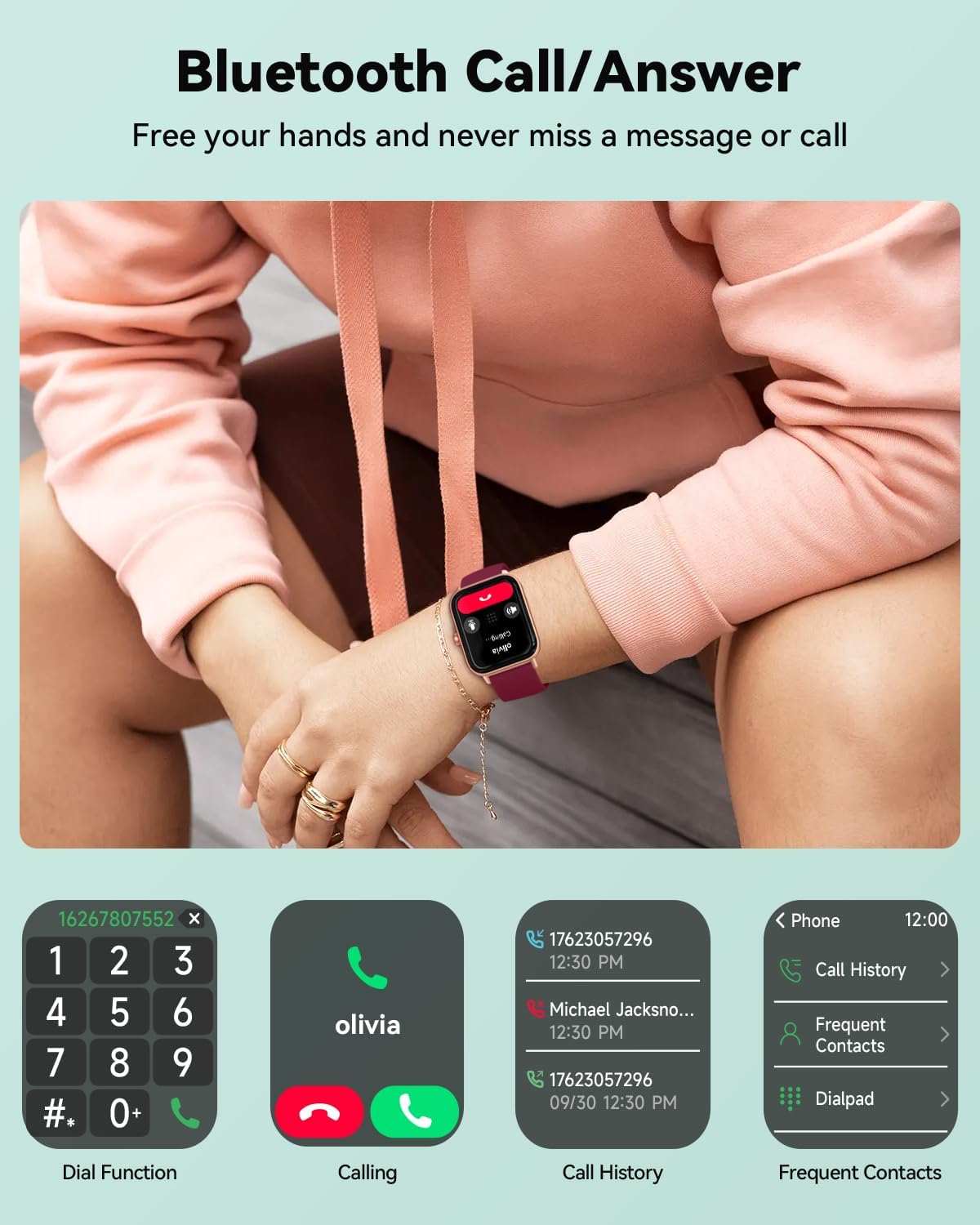 Quican Smart Watches for Women, Compatible for iPhone and Android Phones, Calling, Heart Rate/Sleep Monitor, Alexa, 1.8" Fitness Tracker Watch, Waterproof, Gifts for Women, Silicone Band, Baby Pink