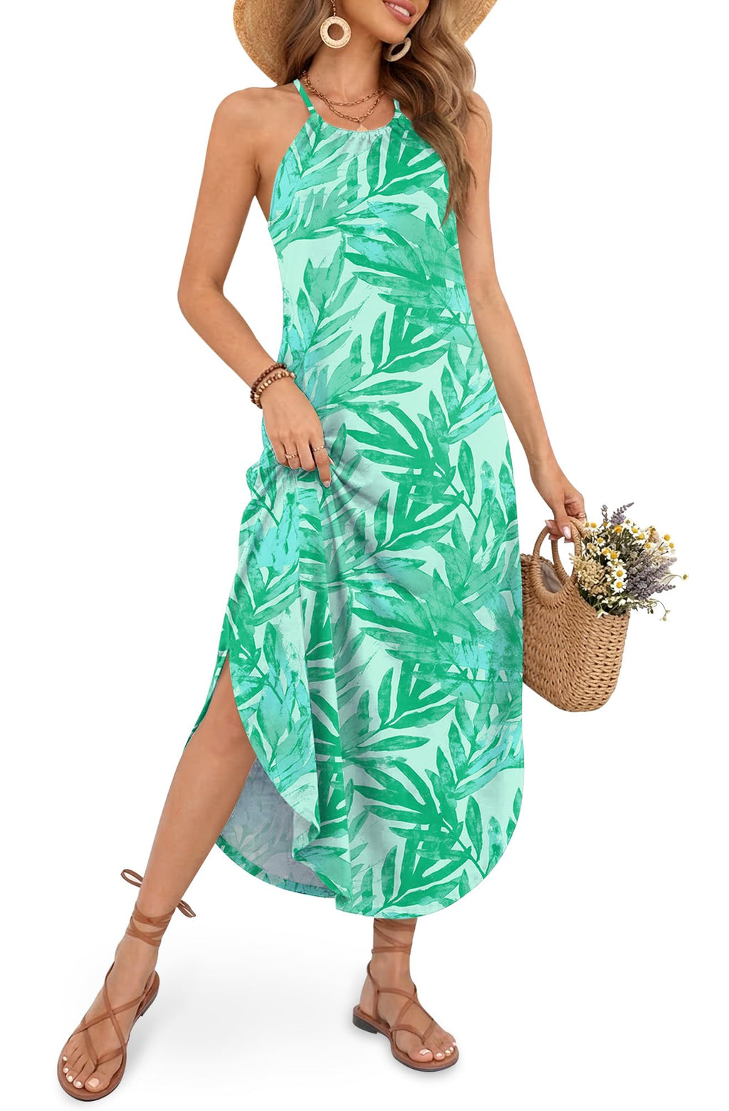 For G and PL Women's Summer Casual Halter Side Slit Maxi Beach Dress Resort Vacation Cruise Wear Sundress