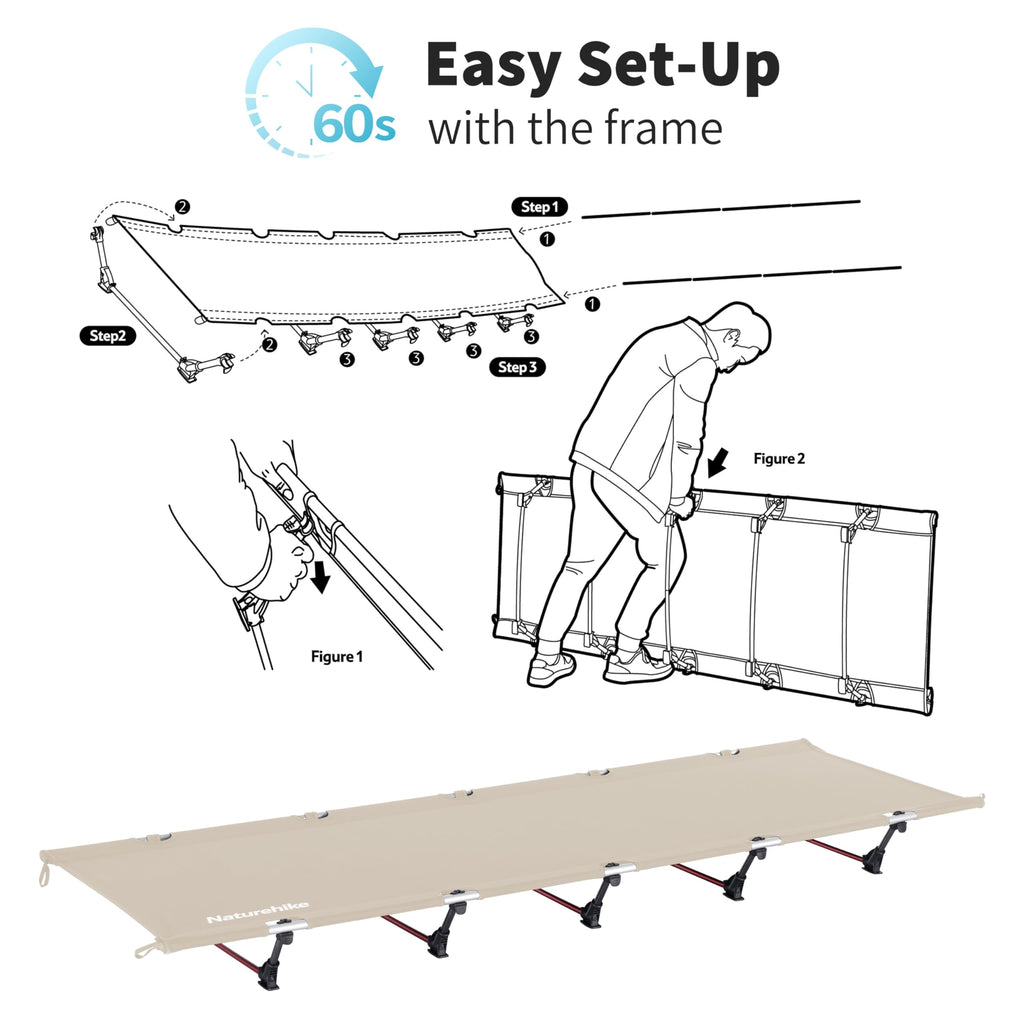 Naturehike Ultralight Camping Cot, Easy to Assemble Folding Tent Cot, Compact & Protable Camping Bed for Camping, Mountaineering, & Hiking, Supports 330lbs with Carry Bag, Kahki