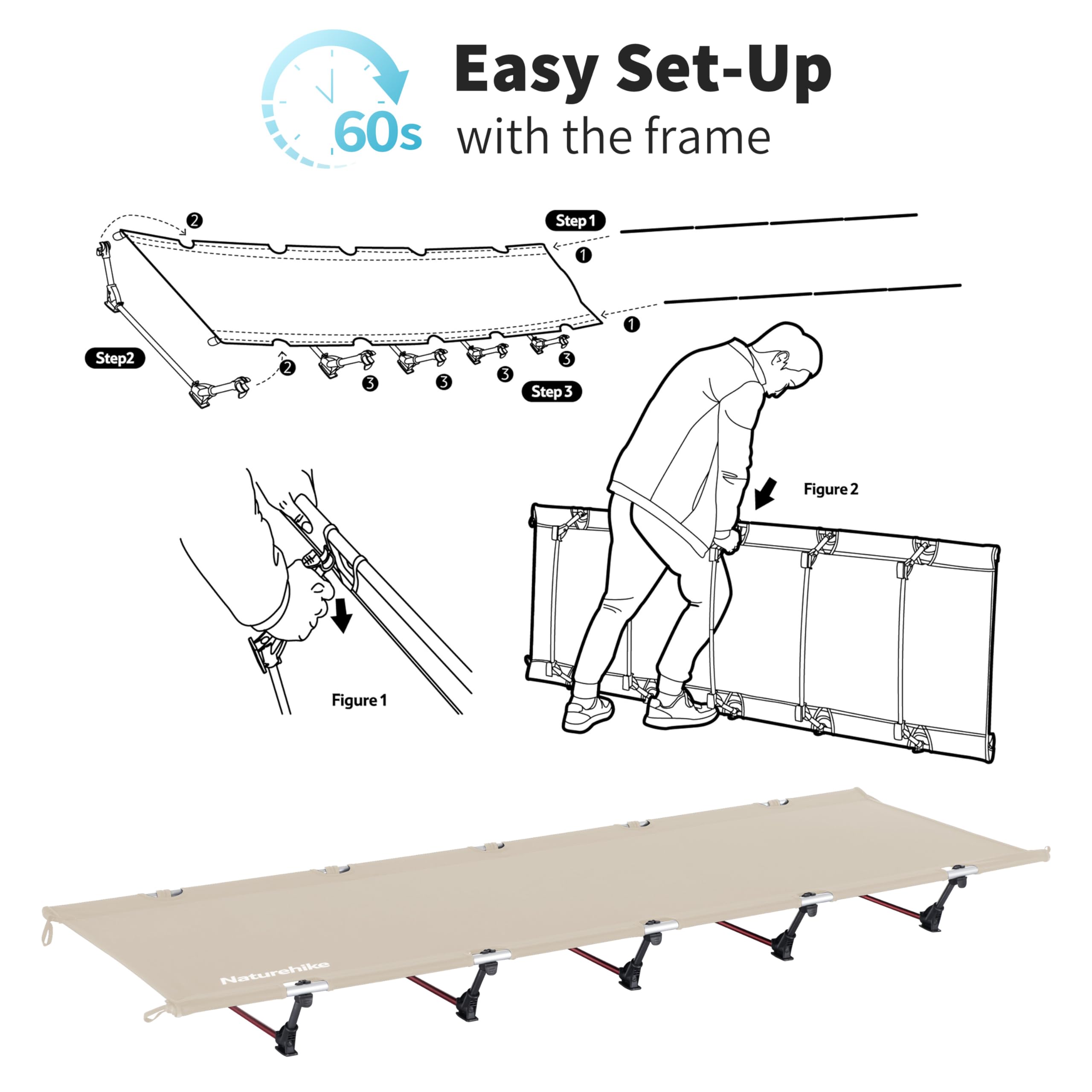 Naturehike Ultralight Camping Cot, Easy to Assemble Folding Tent Cot, Compact & Protable Camping Bed for Camping, Mountaineering, & Hiking, Supports 330lbs with Carry Bag, Kahki