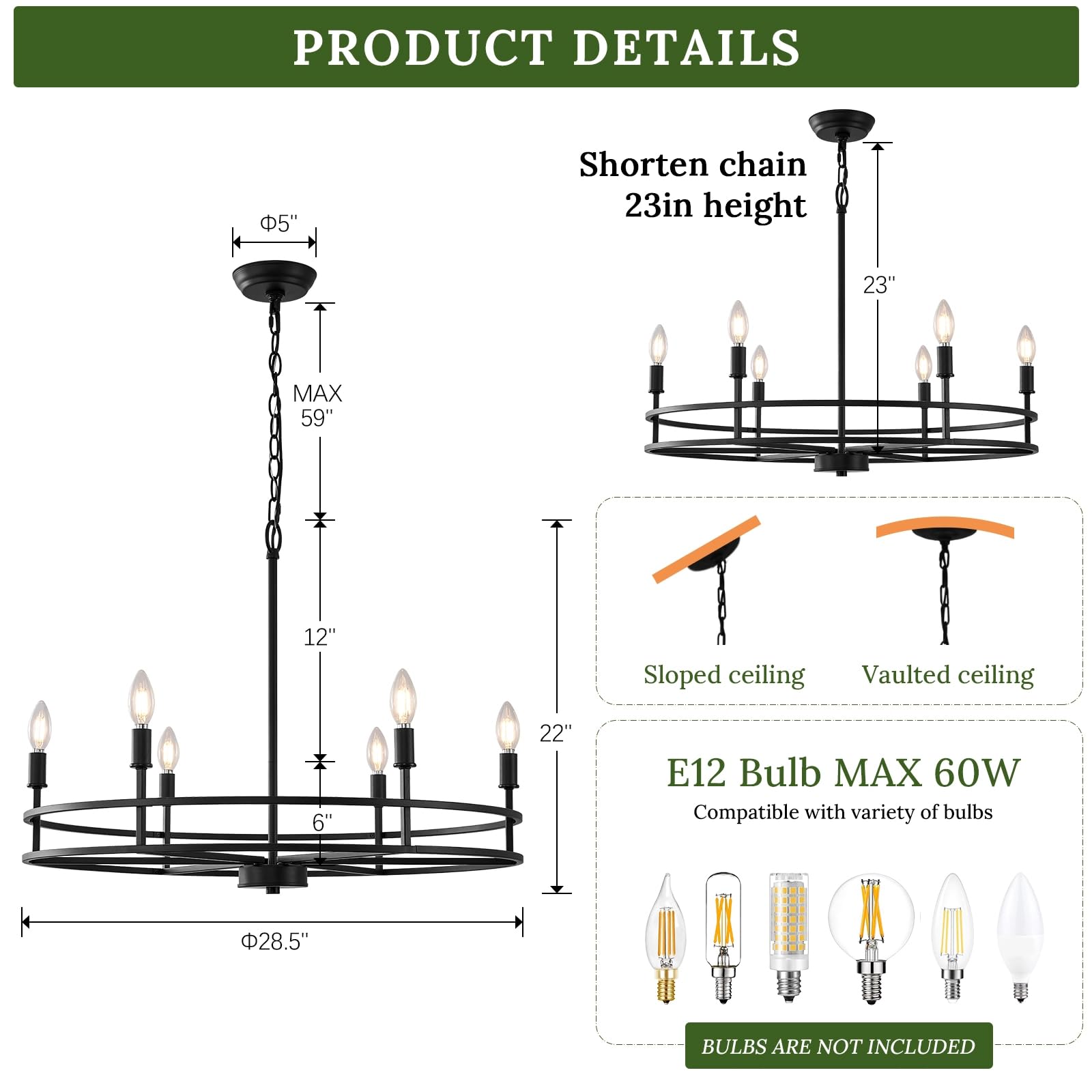 Black Chandelier 6-Light Dining Room Chandelier Kitchen Chandeliers Over Table Round Living Room Chandelier Light Fixture for Bedroom, Kitchen, Foyer