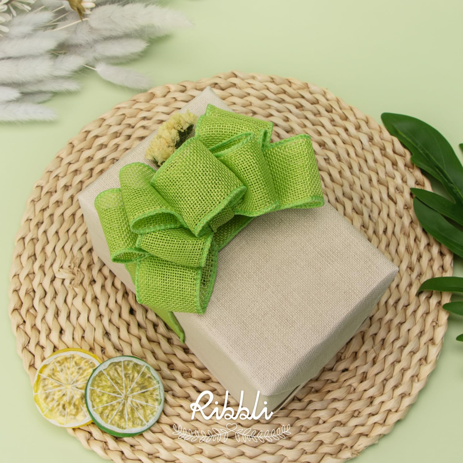 Ribbli Cinta con alambre de arpillera verde manzana, 1-1/2 pulgadas x 10 yardas, cinta con borde con alambre para lazo grande, corona, decoración de árbol, decoración al aire libre