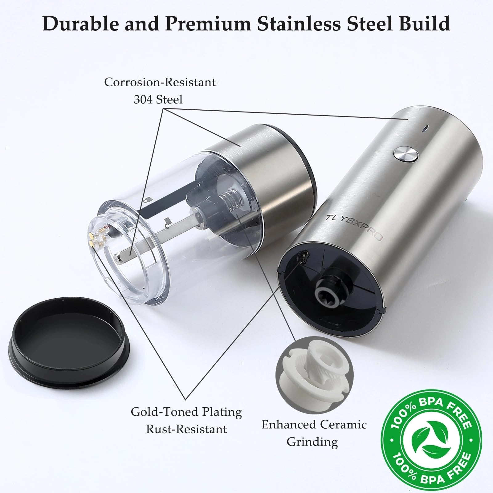 Electric Salt and Pepper Grinder Set, USB Rechargeable, Automatic Salt and Pepper Mill Grinder with Adjustable Coarseness, Electric Salt Shakers, LED Light, Refillable (2 Packs, Black)