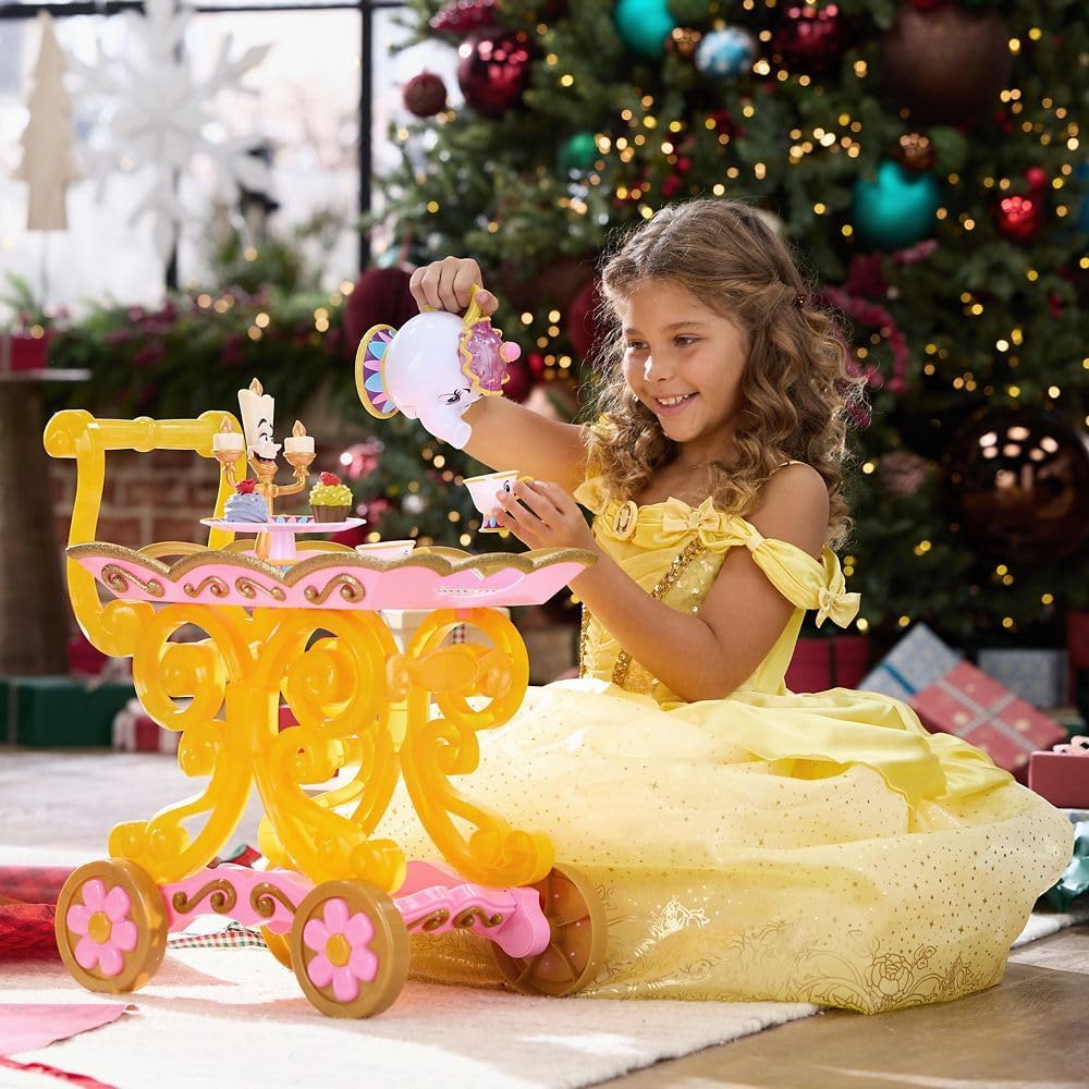 Disney Store Official Beauty and the Beast Tea Cart Set – Includes Lumiere, Mrs. Potts, Chip, Cake with Plate & Server – Disney Princess Toys, with Singing Lumiere & Bubbling Tea Effect