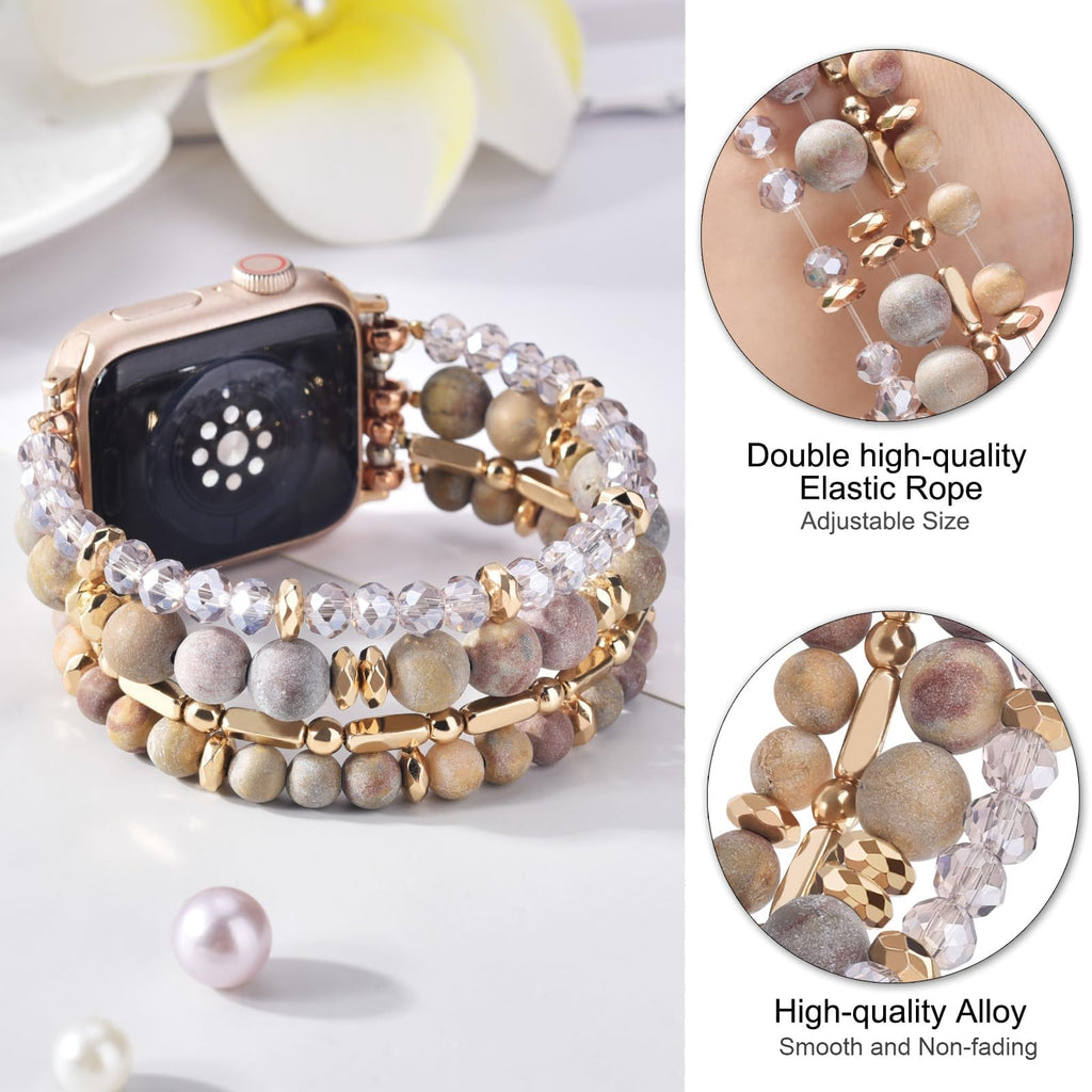 VISOOM Beaded Boho Bracelet Compatible for Apple Watch Band 40mm/38mm/41mm/42mm Series 11 10 9 8 7 SE Series 6/5/4 Women Fashion Cute Handmade Crystal Beads Stretchy Watch Strap for iWatch Bands 3/2/1