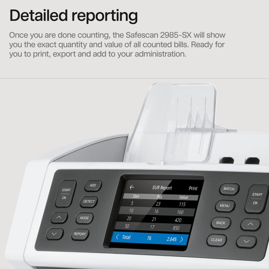 Safescan 2210 Money Counter Machine with Counterfeit Detection, Add/Batch Modes, LCD-Display, High-Speed Counts 1,000 bills per minute, 2 Point Counterfeit Check - Sorted Counter for All Currencies