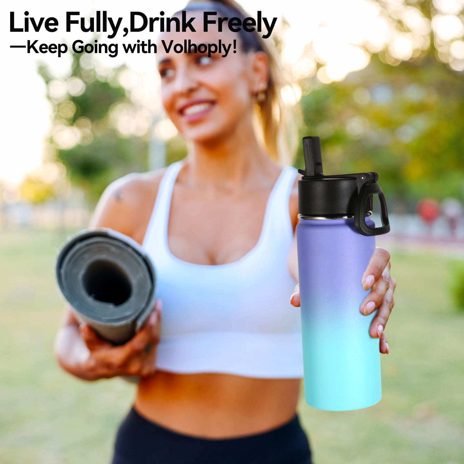 Volhoply Kids Insulated Water Bottle with Straw,16oz Stainless Steel Cold Water Bottles for School,BPA-Free Metal Wide Mouth Cups with Handle Lid,Reusable Double Wall Vacuum Sport Flask(Black,1)