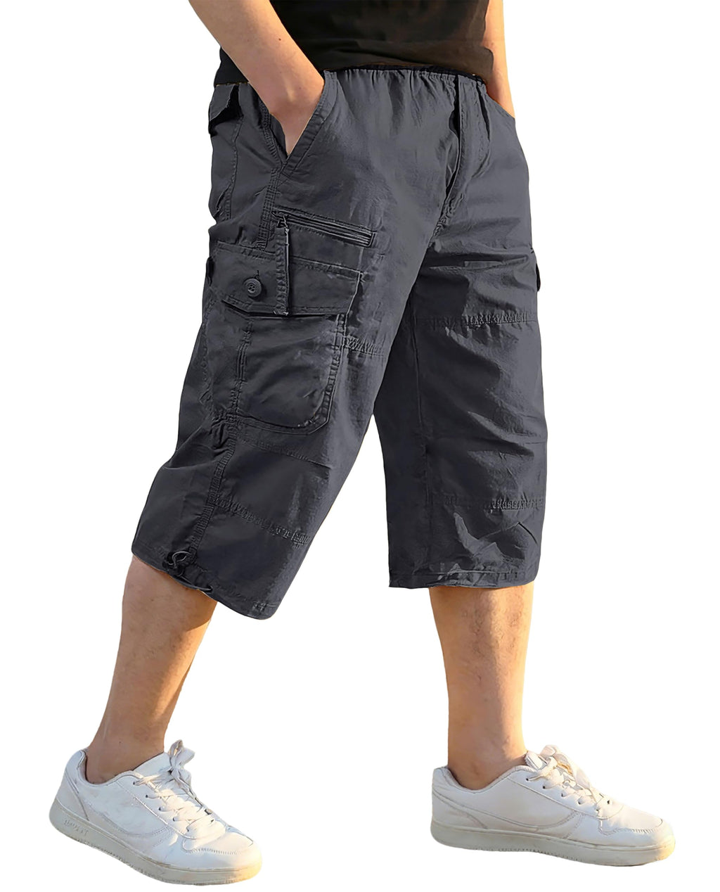 EKLENTSON Men's Cargo Shorts Casual Twill Elastic 3/4 Capri Pants Below Knee Long Shorts with 7 Pockets