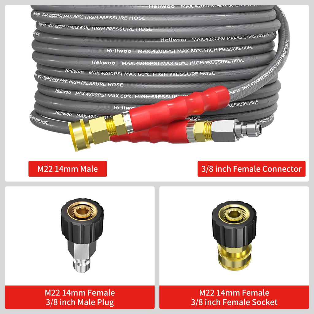 Pressure Washer Hose 25FT, 4200PSI High Tensile Wire Braid Kink Resistant Power Washer Extension Hose, 1/4'' Flexible Replacement Hose with M22-14mm Brass Swivel Thread and 3/8 Quick Connect