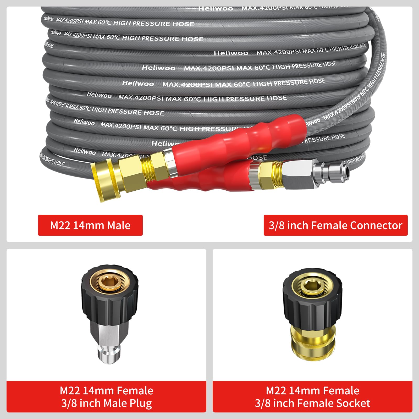 Pressure Washer Hose 25FT, 4200PSI High Tensile Wire Braid Kink Resistant Power Washer Extension Hose, 1/4'' Flexible Replacement Hose with M22-14mm Brass Swivel Thread and 3/8 Quick Connect