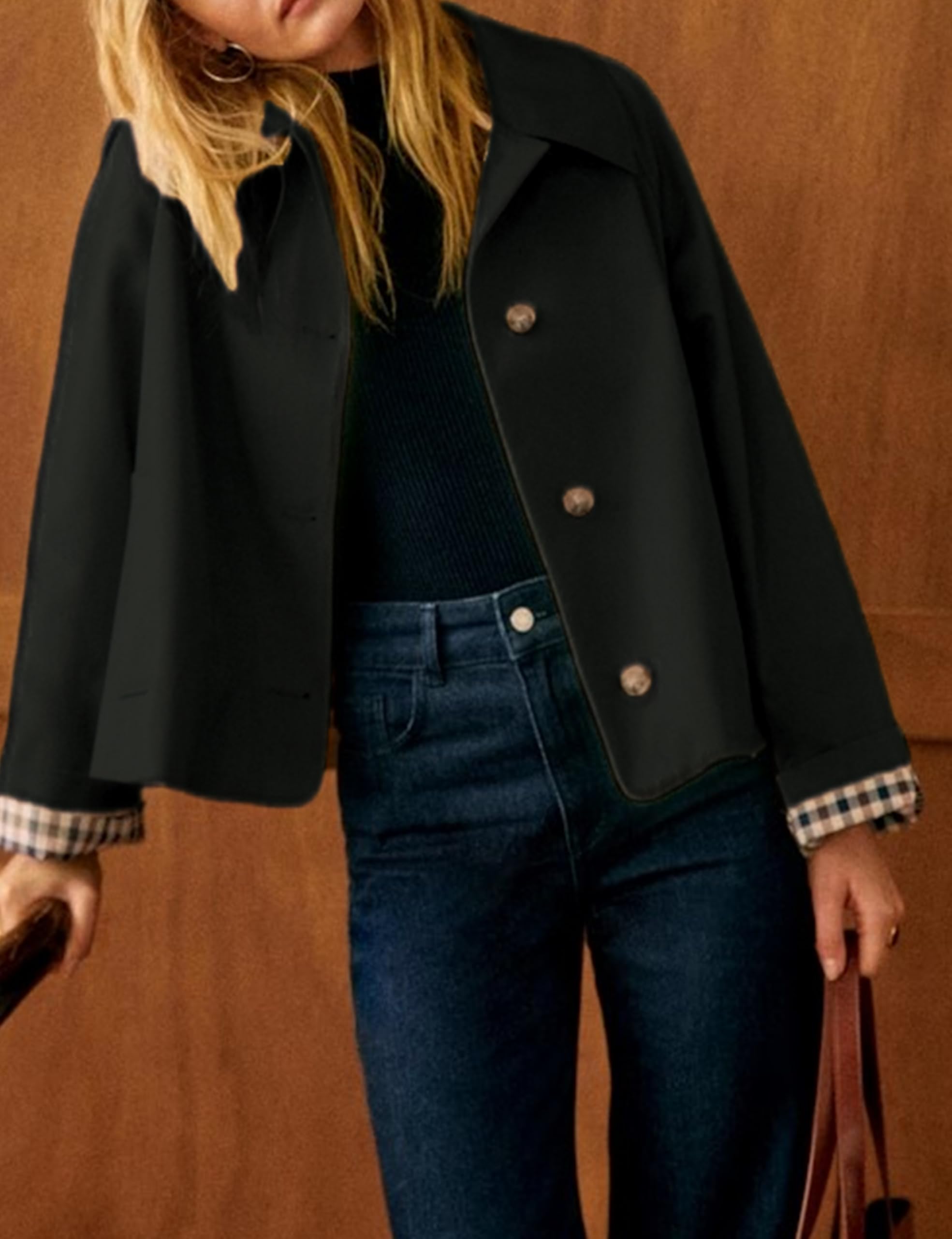 Yeokou Women Oversize Trench Coat Plaid Lining Lapel Button Down Casual Crop Jacket Outwear with Pockets