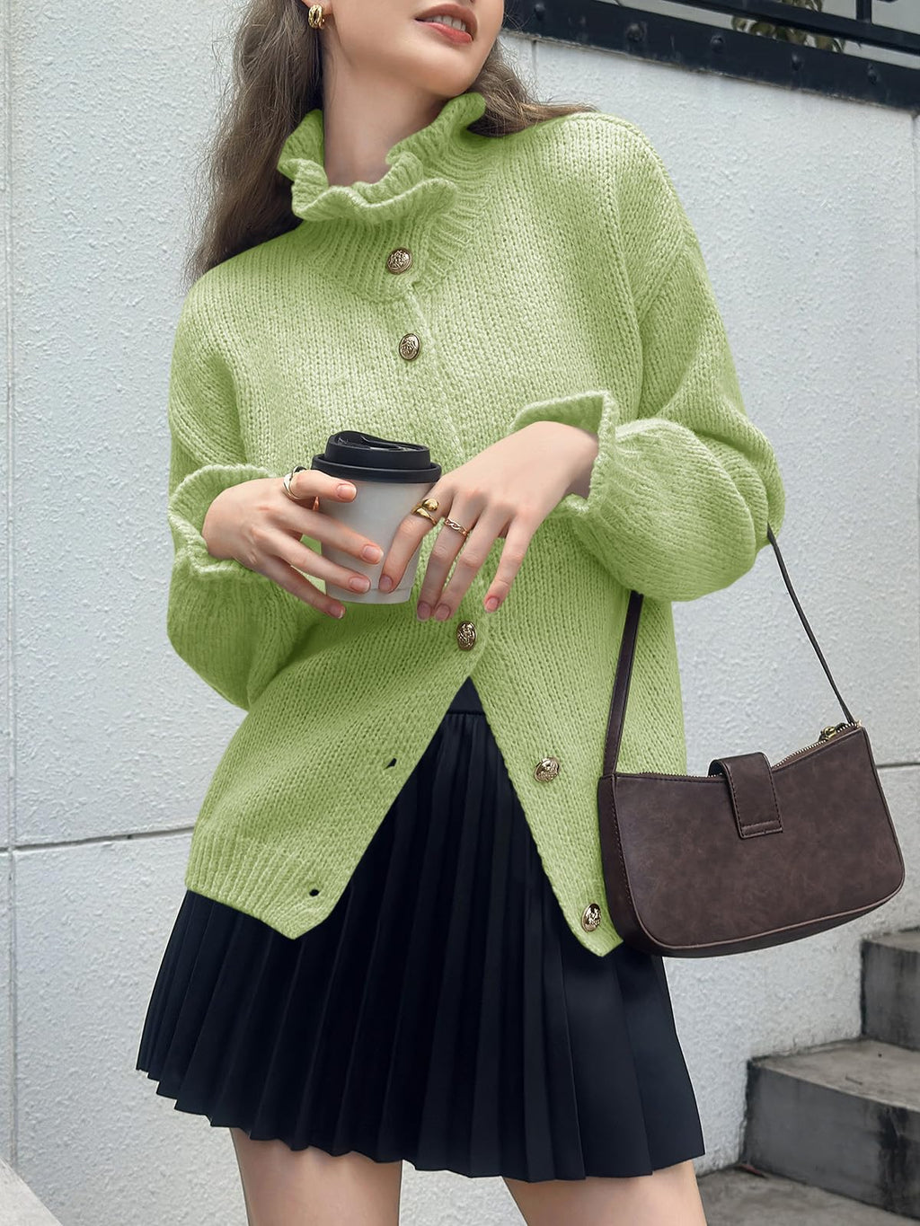 Saodimallsu Womens Ruffle Cardigan Oversized Button Up Fall Trendy Ribbed Knit Open Front Long Sleeve Loose Cute Sweater