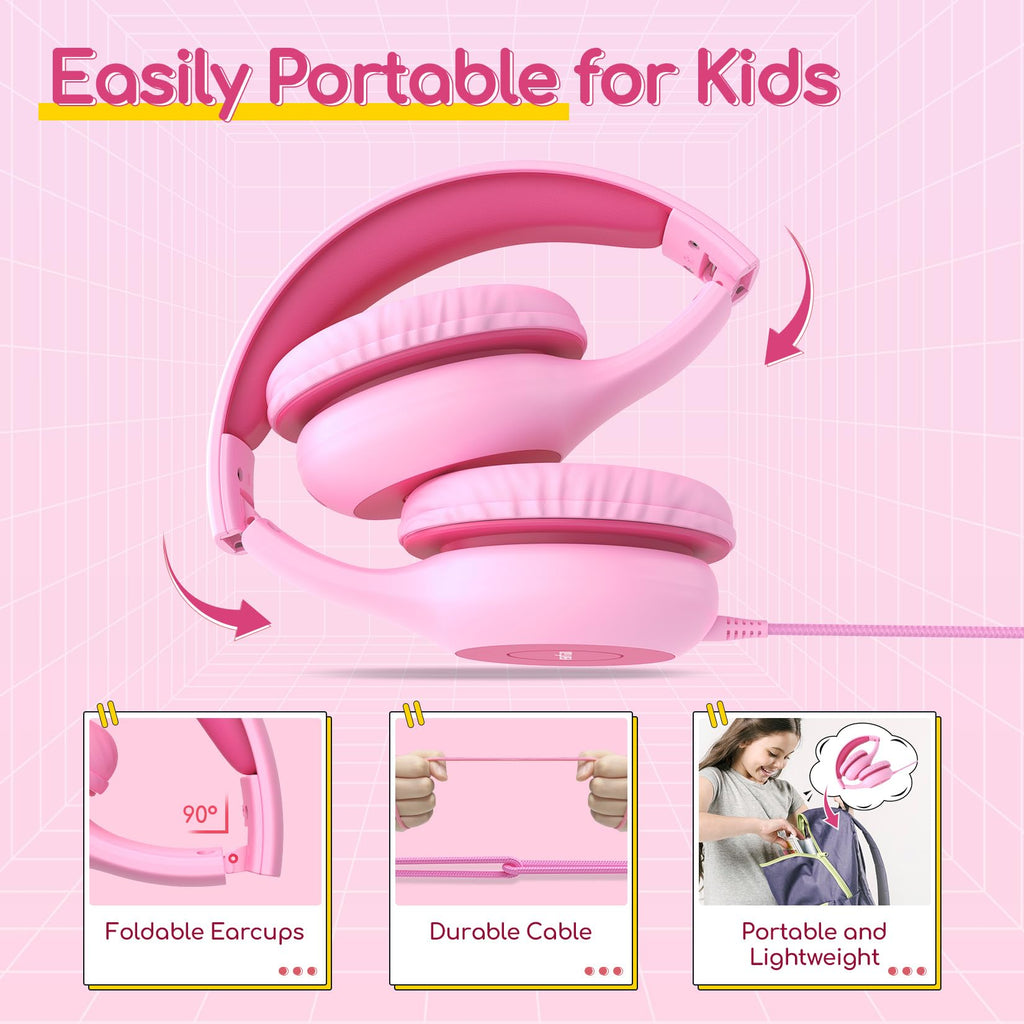 EarFun K1 Kids Headphones Wired with Microphone, 85/94dB Volume Limit Headphones for Kids, Portable Wired Headphone with Shareport, Stereo Sound Foldable Headset for School/Tablet/iPad, Black Red