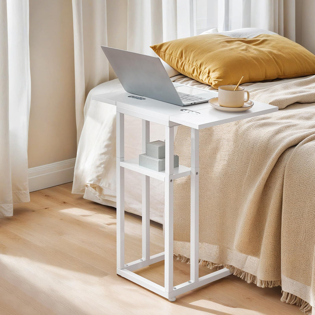 HOOBRO Foldable C Shaped End Table, C Shaped Side Table with Storage Shelf, Small Snack Table, Slide Under Couch Table for Sofa, Living Room Bedroom Small Spaces Easy Assembly, Black BK29SF01