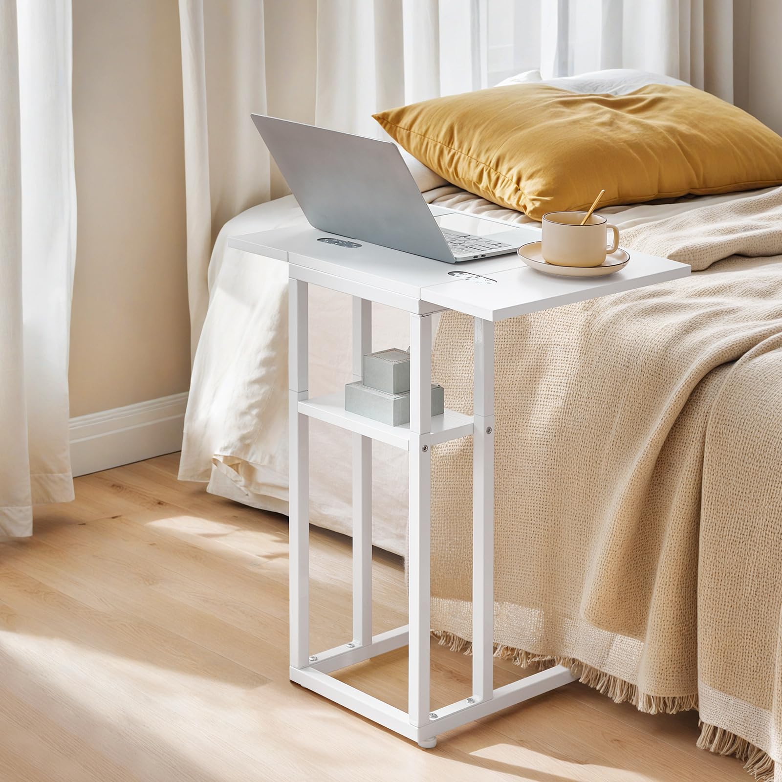 HOOBRO Foldable C Shaped End Table, C Shaped Side Table with Storage Shelf, Small Snack Table, Slide Under Couch Table for Sofa, Living Room Bedroom Small Spaces Easy Assembly, Black BK29SF01