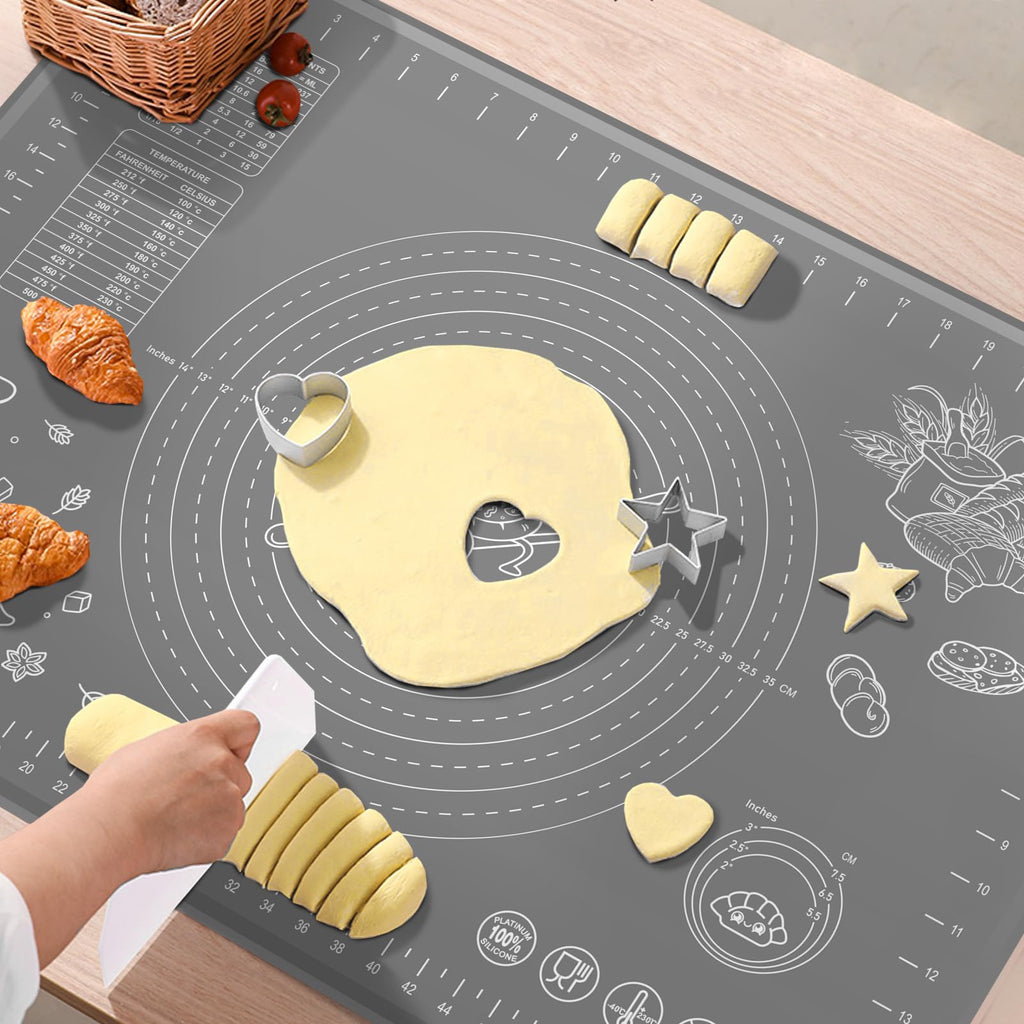 Silicone Baking Mat 24" x 16" Extra Thick Non-stick Pastry Mat with Measurements and Edge Heightening, Food Grade Silicone for Countertop Dough Rolling Making Bread, Cookies, Pizza, Fondant, Pasta