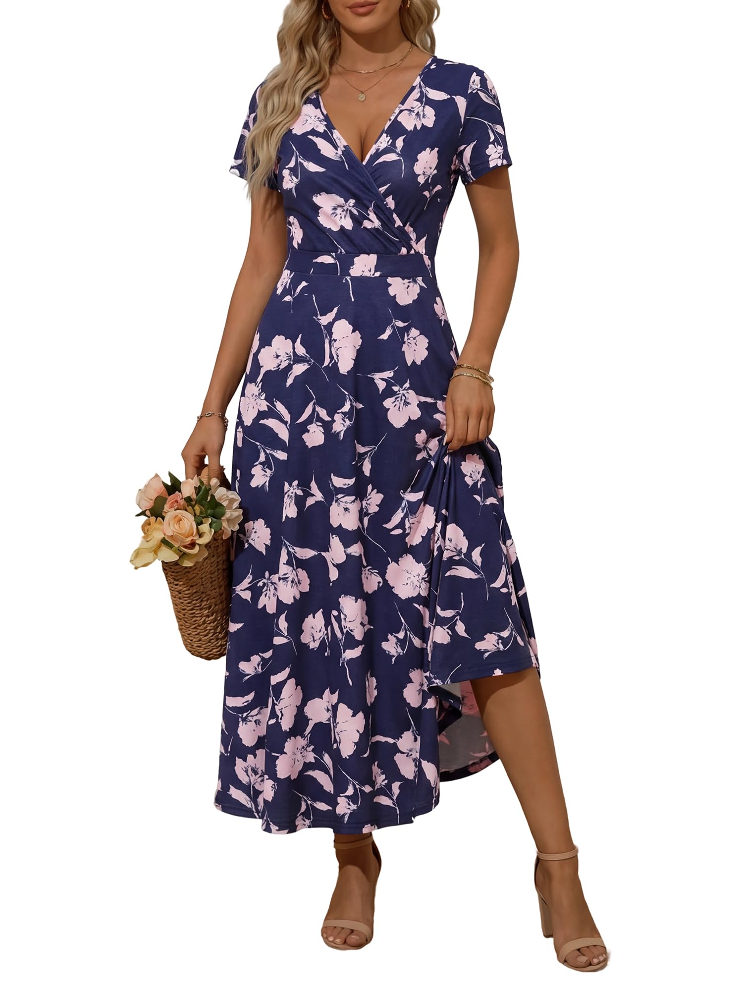 HUHOT Women's Short Sleeve Wrap V Neck Dresses for Wedding Guest Summer Floral Maxi Sundresses with Pockets Boho Dress