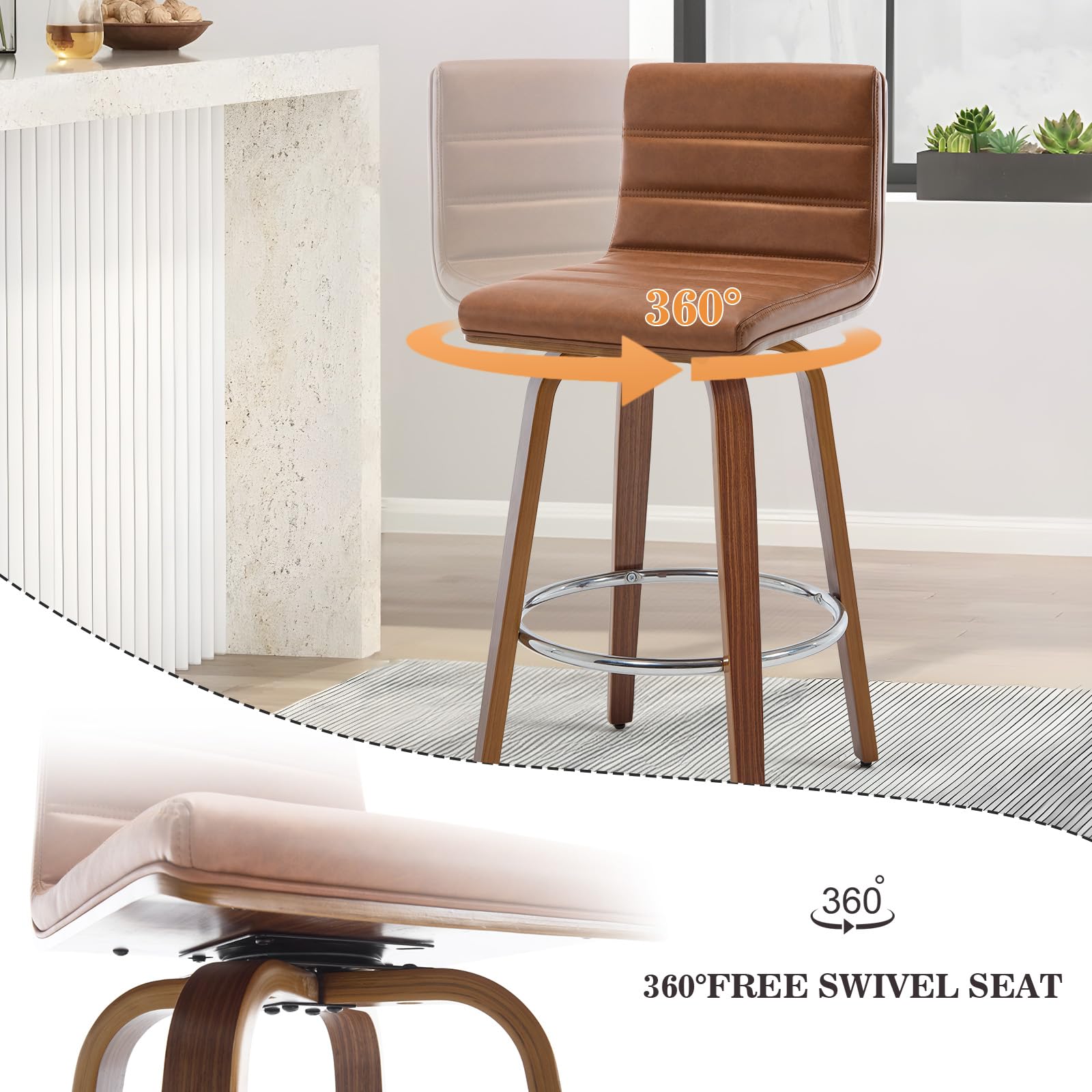 Bar Stools 29 Inch Bar Height, Swivel Bar Stools with Backs Upholstered PU Leather Barstool, L Shape Back and Padded Seat, Mid-Century Modern Bar Stool Pub Chairs for Kitchen Counter Island, Black