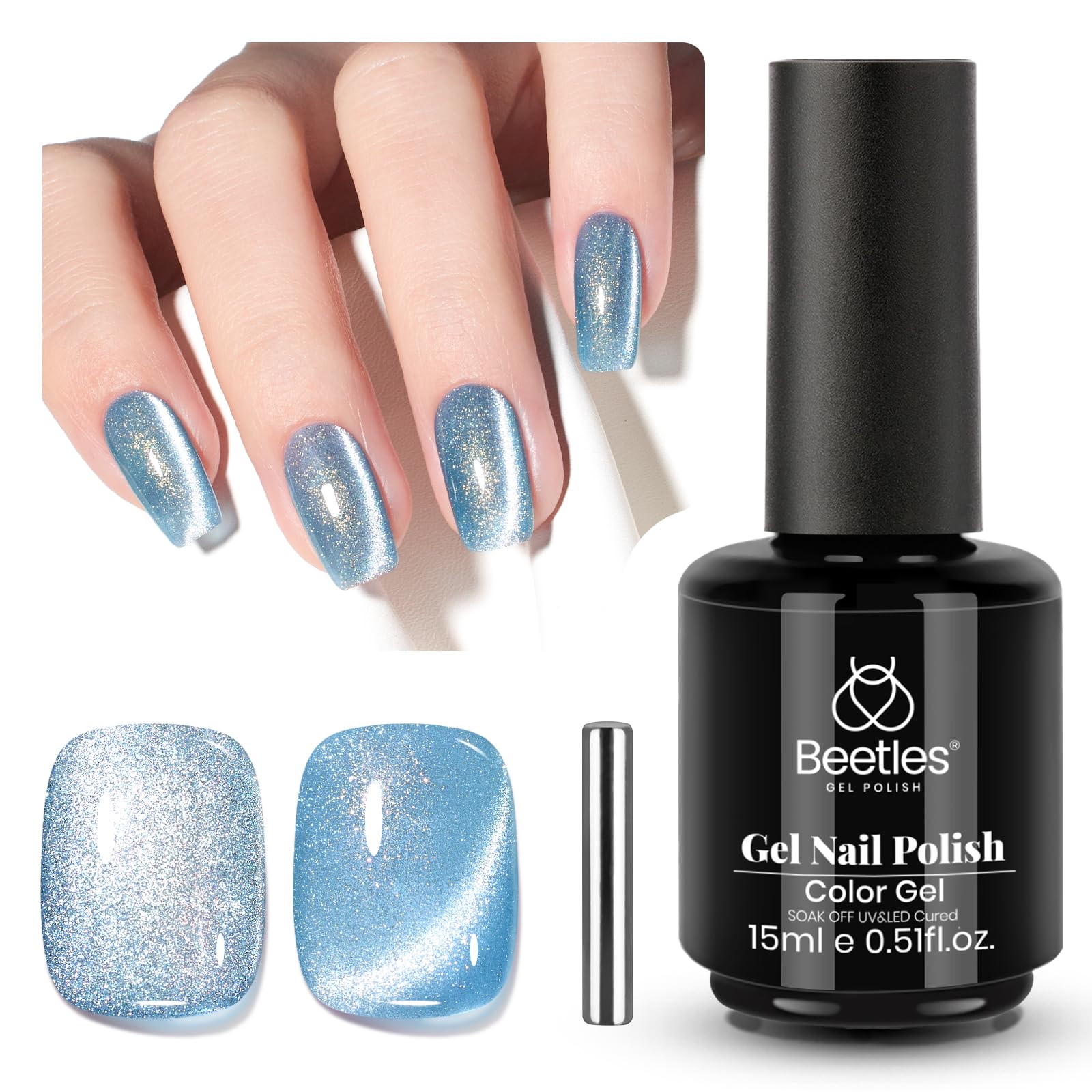 Beetles Star Cascade Silver Cat Eye Gel Nail Polish - 15ML Christmas Silver Glitter Cat Eye Gel Polish with Magnet Soak Off UV Velvet Nail Polish Salon DIY Manicure Winter Gift for Women