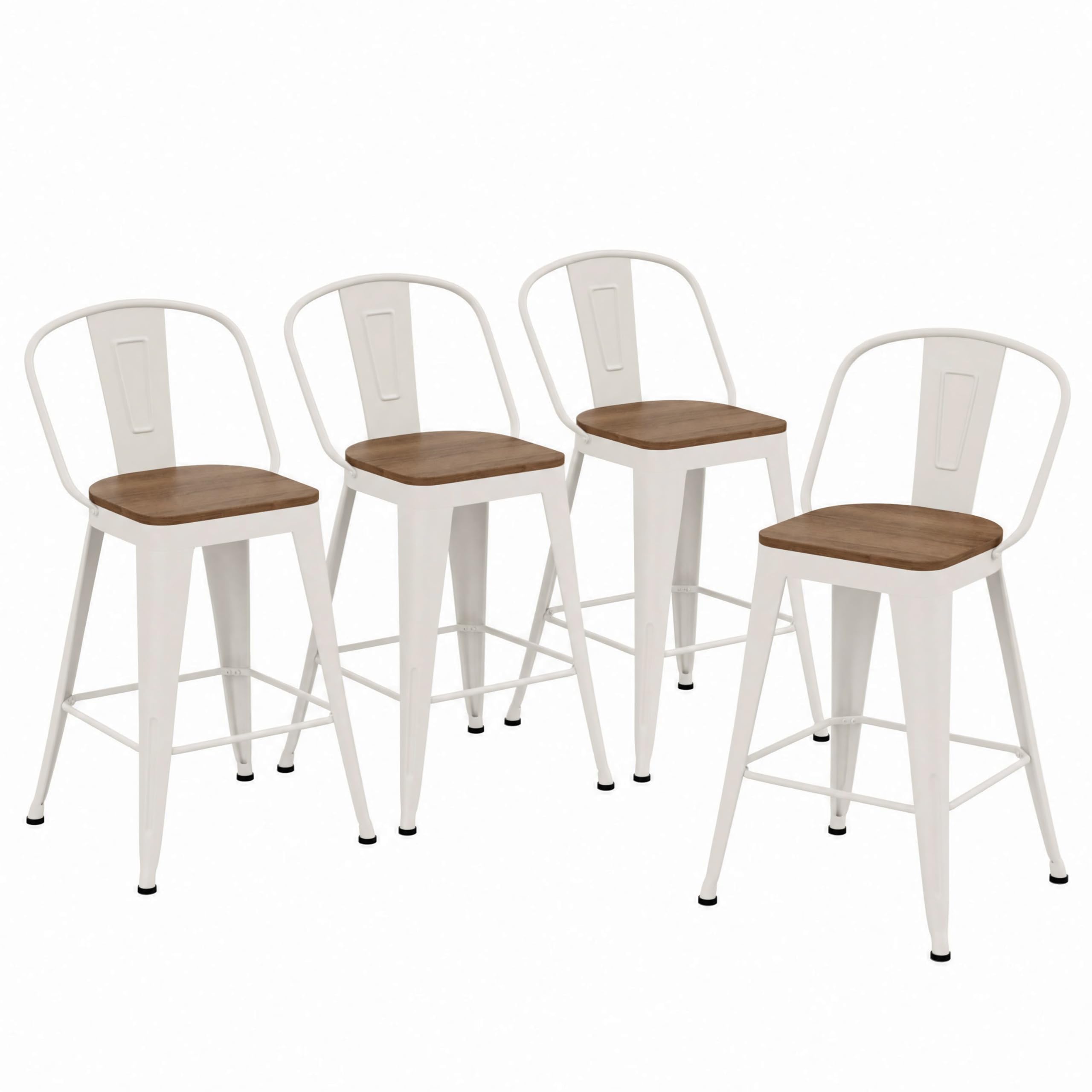 Barstools Set of 4 Counter Height Bar Stools for Kitchen Island Farmhouse Metal High Back Bar Chairs Wooden Seat 24" Matte Black