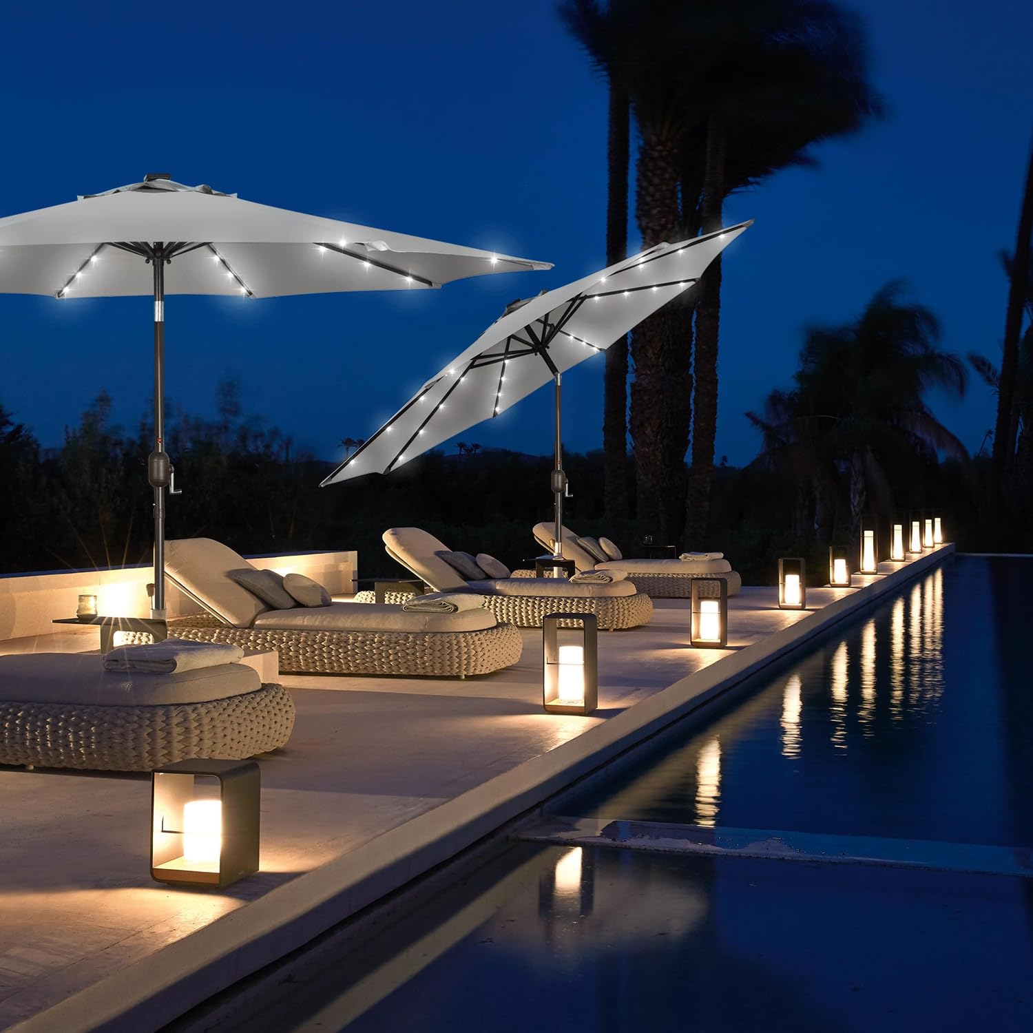 Blissun 9 ft Solar Umbrella, 32 LED Lighted Patio Umbrella, Table Market Umbrella, Outdoor Umbrella for Garden, Deck, Backyard, Pool and Beach (Light Blue)