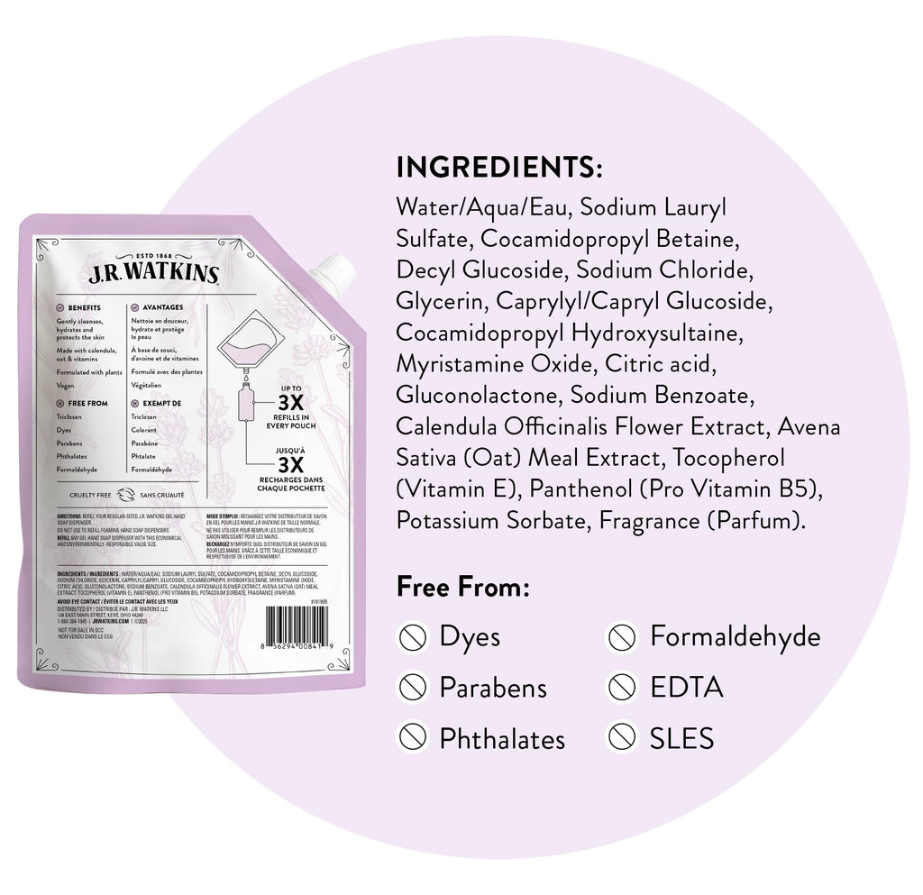 J.R. Watkins Gel Hand Soap Refill, Moisturizing Hand Wash, Formulated with Plant-Based Cleansers, Alcohol-Free, Cruelty-Free, Aloe & Green Tea, 34 Fl Oz, 2 Pack