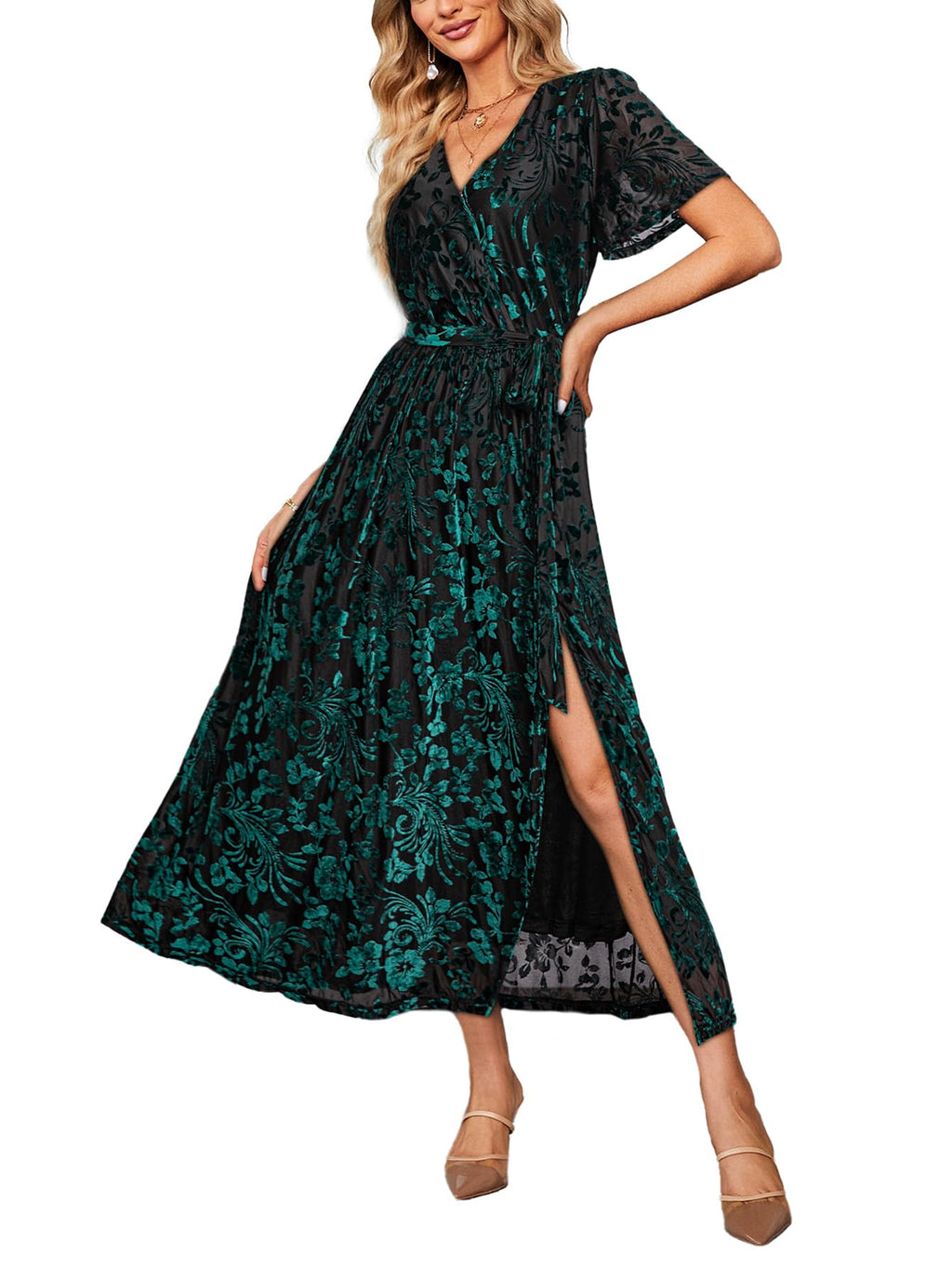 BerryGo Women's Velvet V Neck Wrap Semi Formal Dress Cocktail Party Maxi Dress for Wedding Guest