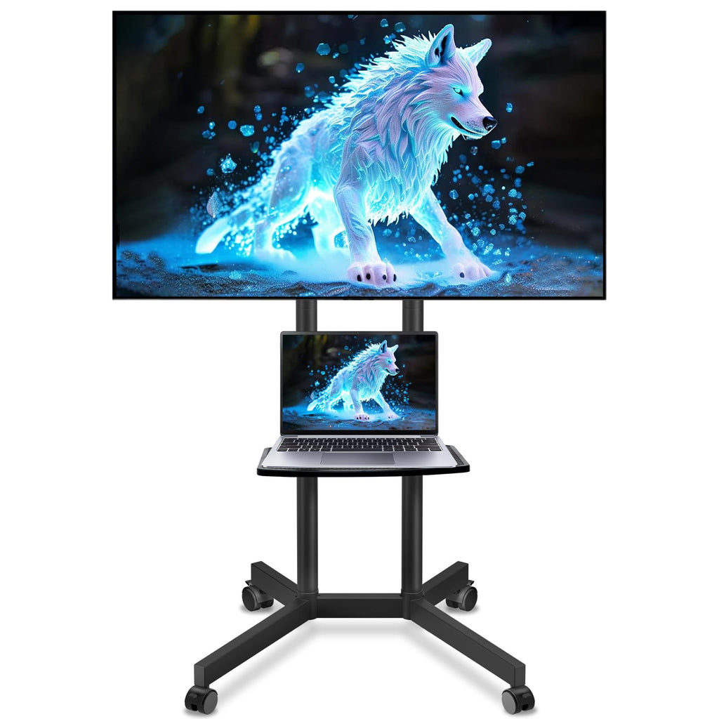 Solid Grace Rolling TV Stand with Power Outlet for 32-75 Inch TVs up to 88lbs, Portable TV Stand with Shelf, Mobile TV Cart for Living Room, Office, Meeting Room, Outdoor(with Power Outlet+Shelf)