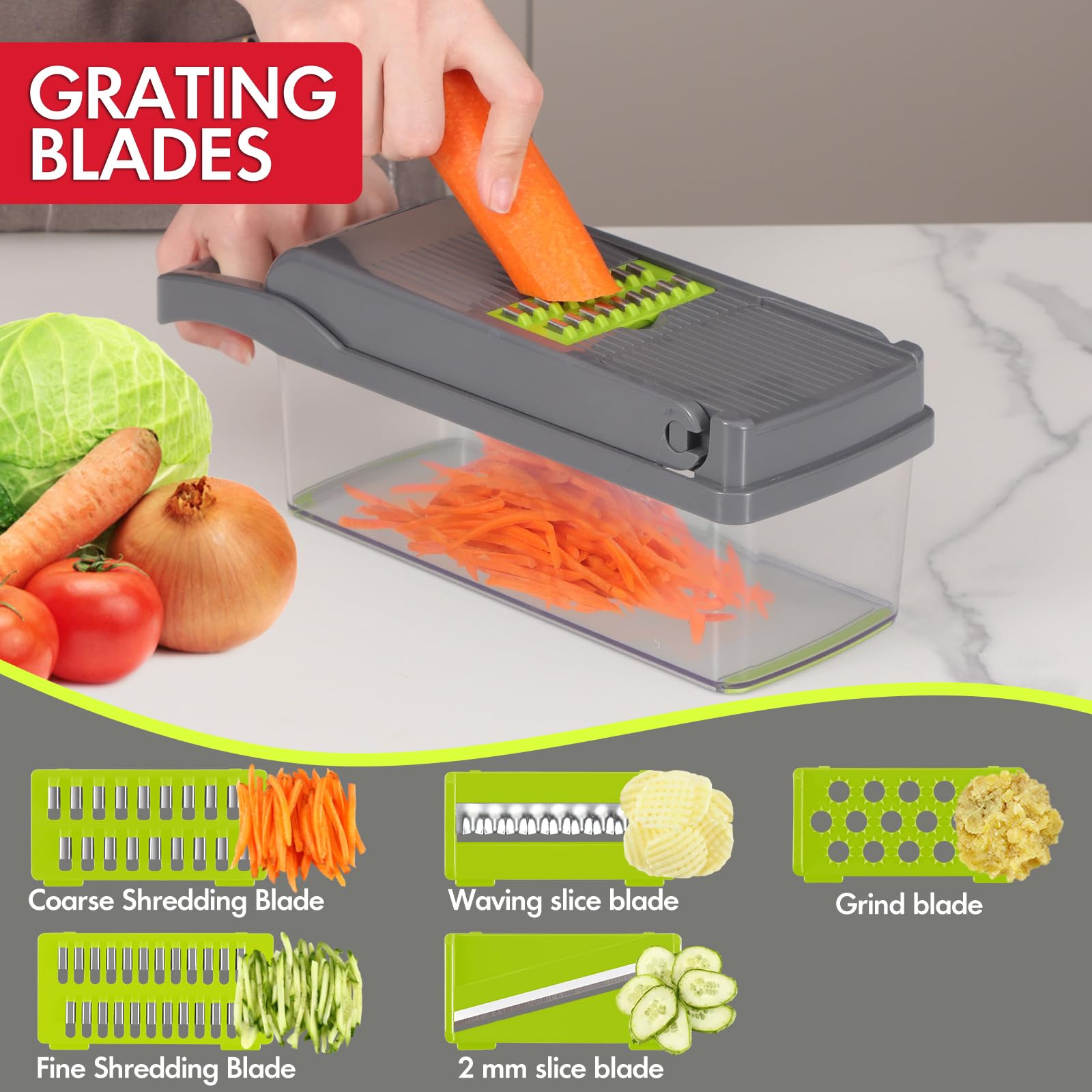 Ourokhome Vegetable Chopper Onion Cutter, 12 in 1 Professional Mandoline Slicer for Kitchen, Multifunctional Food Chopper for Potato, Tomato, Veggie with Strainer Basket, 8 Blades, Blue